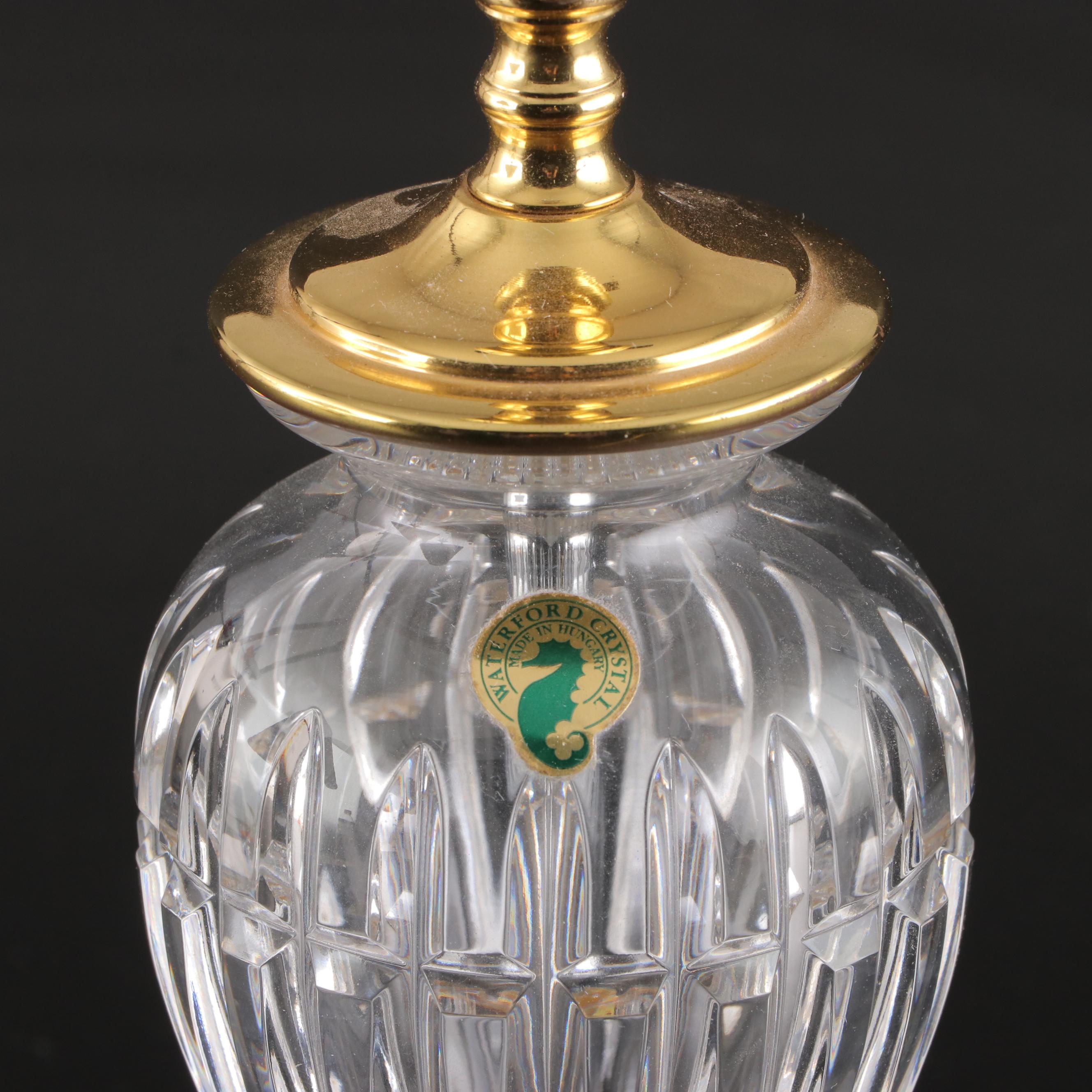 Pair of Waterford Crystal and Brass Boudoir Lamps With Ruffled Shades