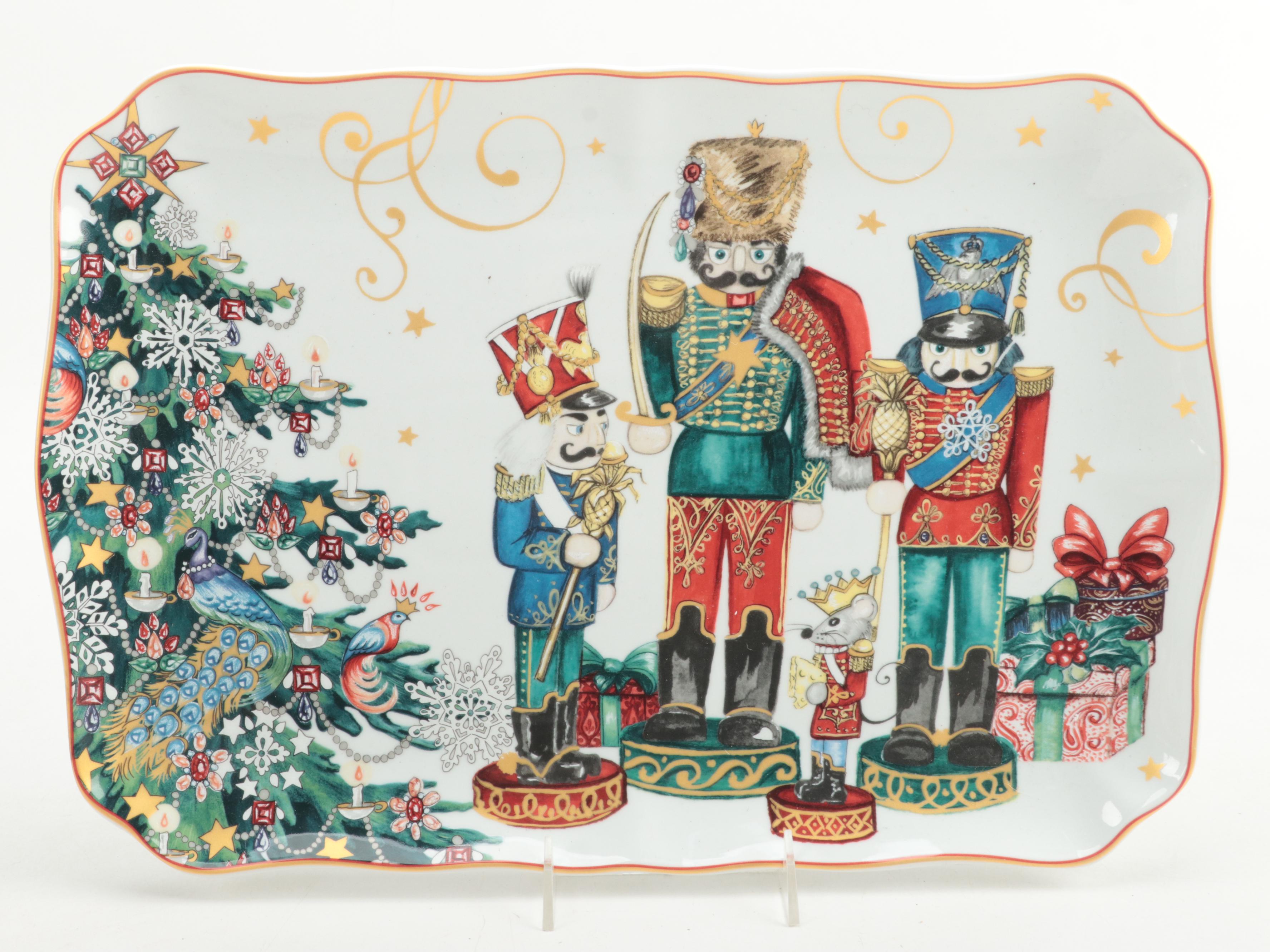 Spode "Christmas Tree" Platter with Other Tableware and Décor