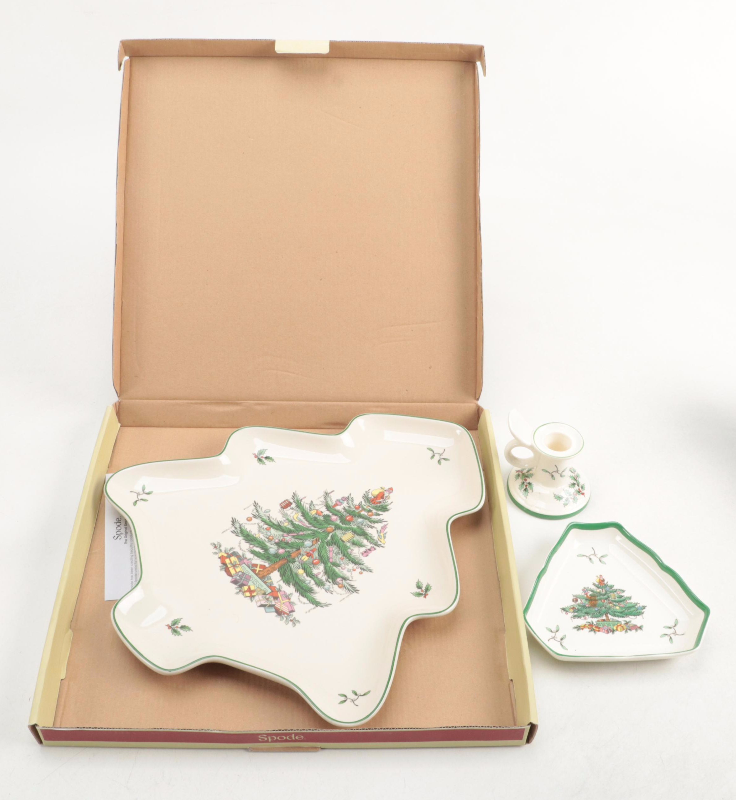 Spode "Christmas Tree" Platter with Other Tableware and Décor