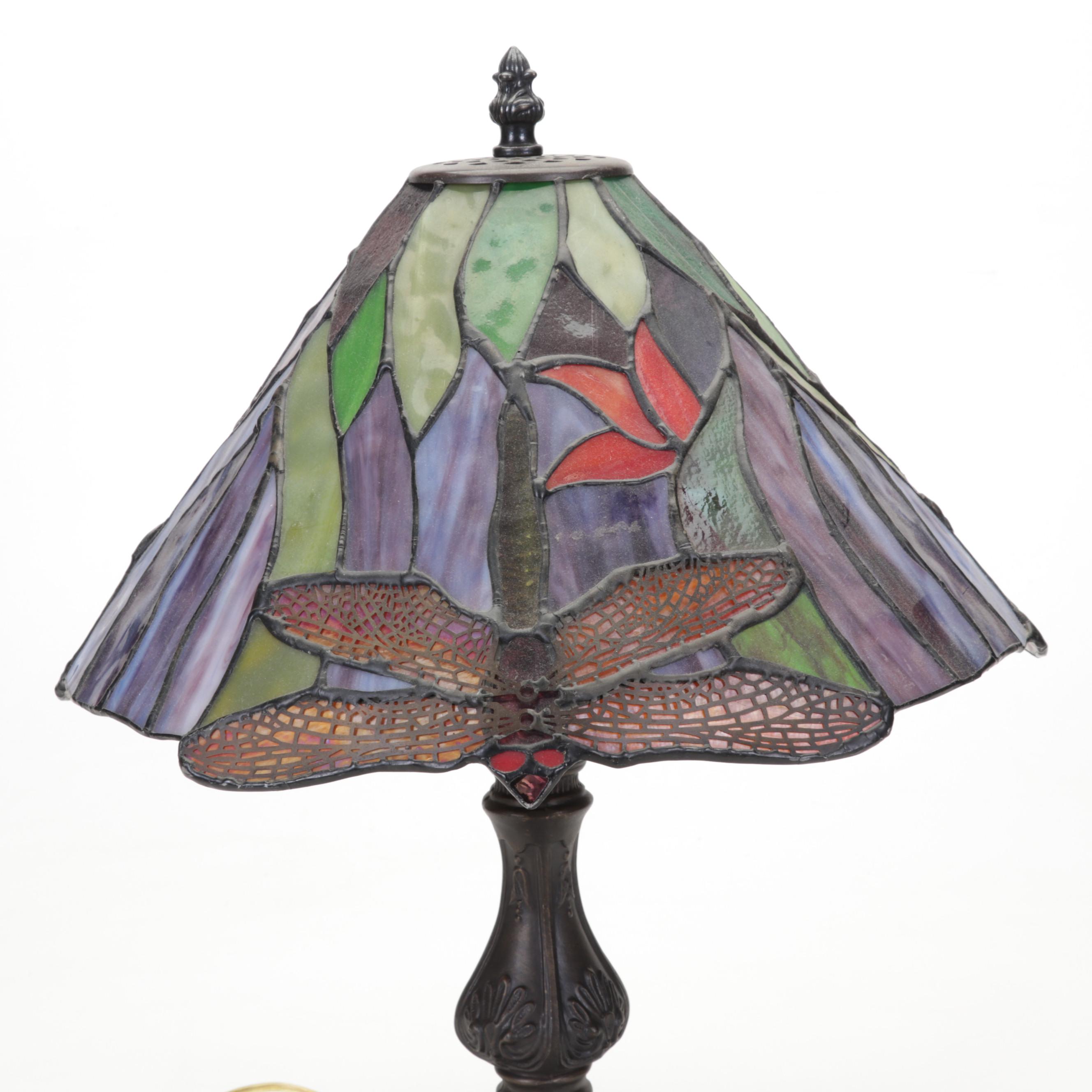 Slag Glass and Pressed Metal Dragonfly Table Lamp, Late 20th Century