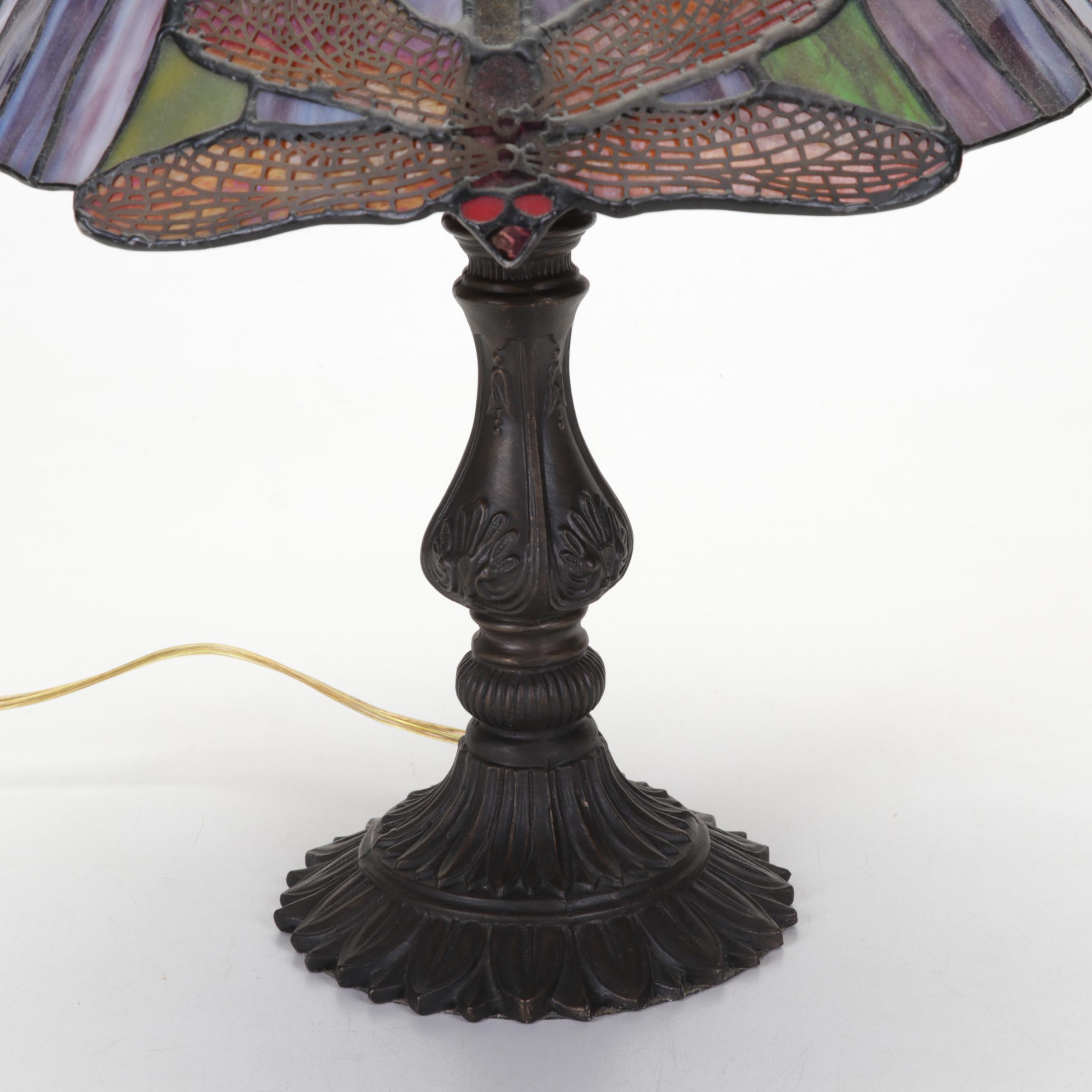 Slag Glass and Pressed Metal Dragonfly Table Lamp, Late 20th Century