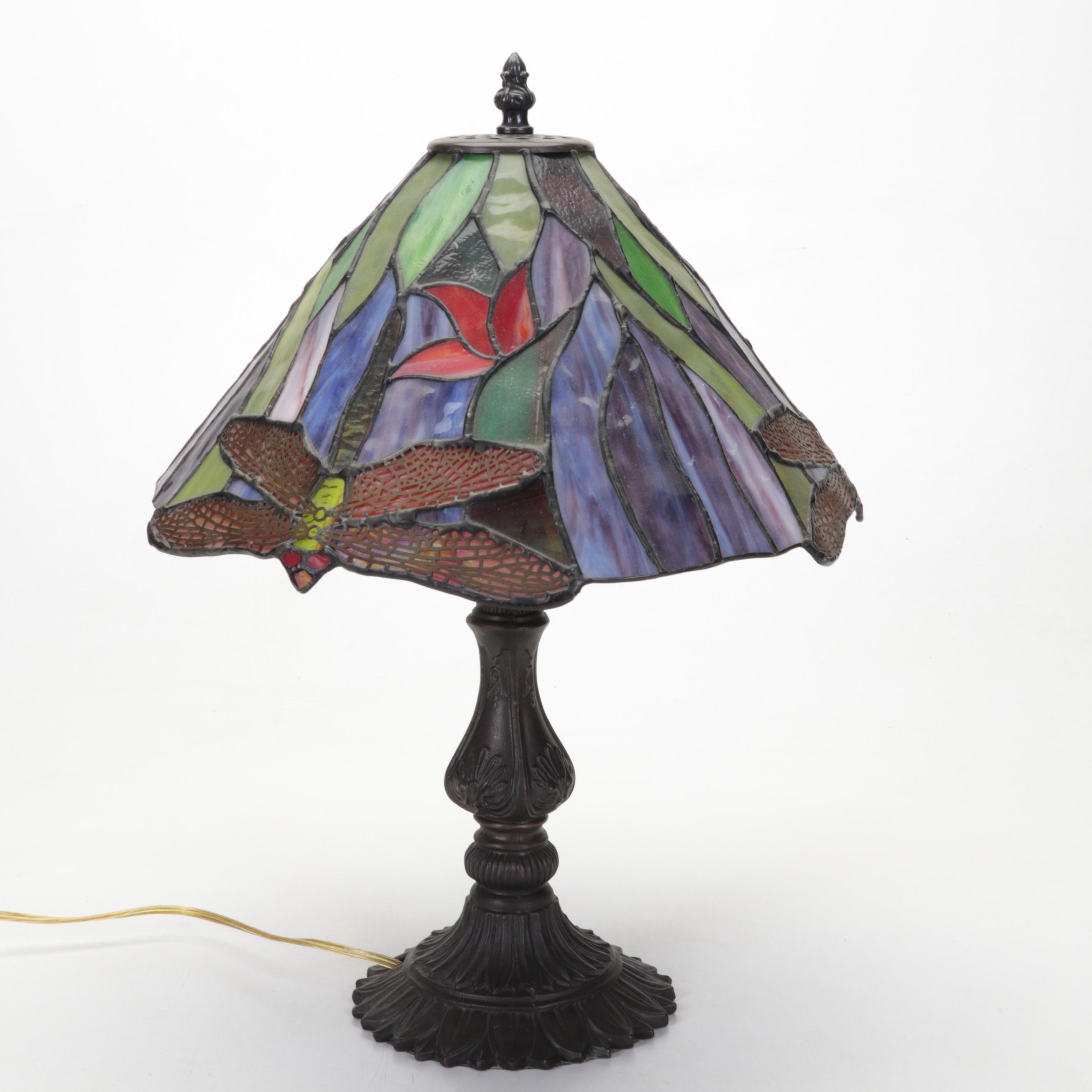 Slag Glass and Pressed Metal Dragonfly Table Lamp, Late 20th Century
