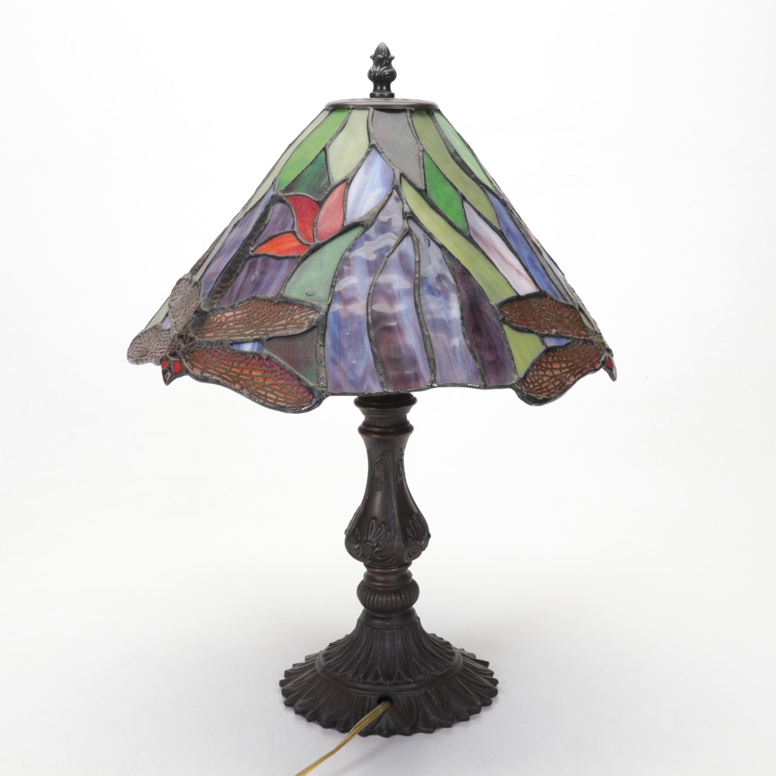 Slag Glass and Pressed Metal Dragonfly Table Lamp, Late 20th Century