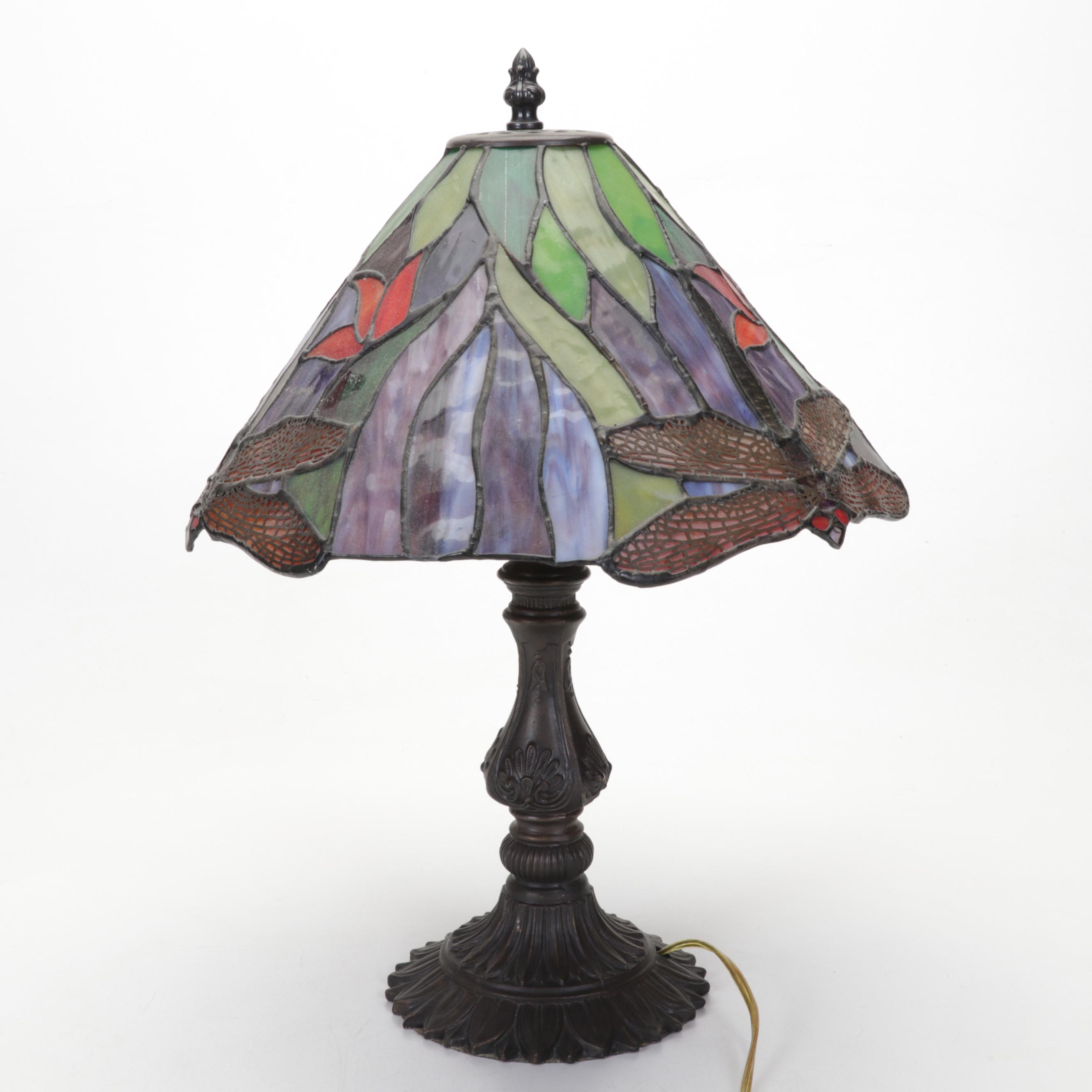 Slag Glass and Pressed Metal Dragonfly Table Lamp, Late 20th Century