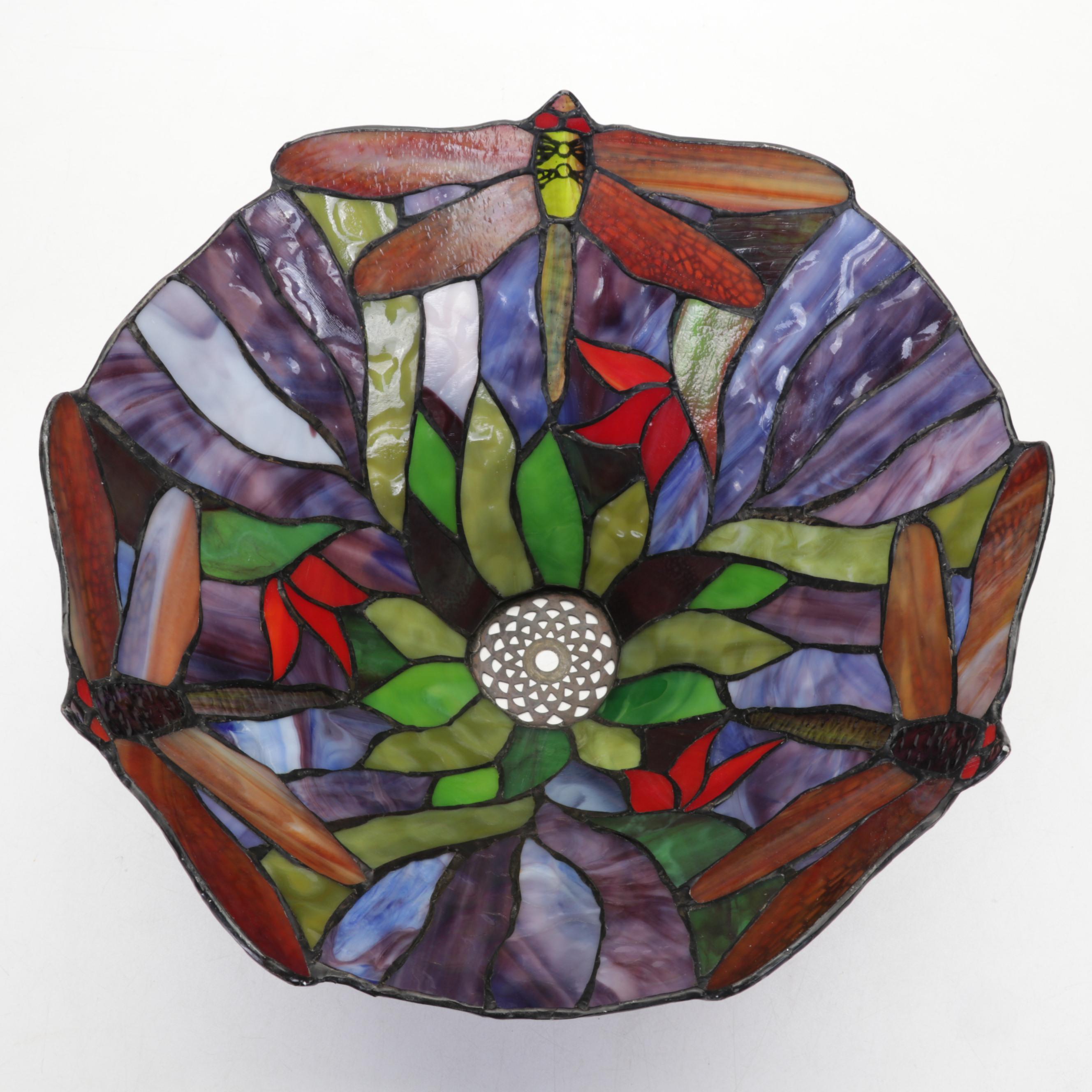 Slag Glass and Pressed Metal Dragonfly Table Lamp, Late 20th Century