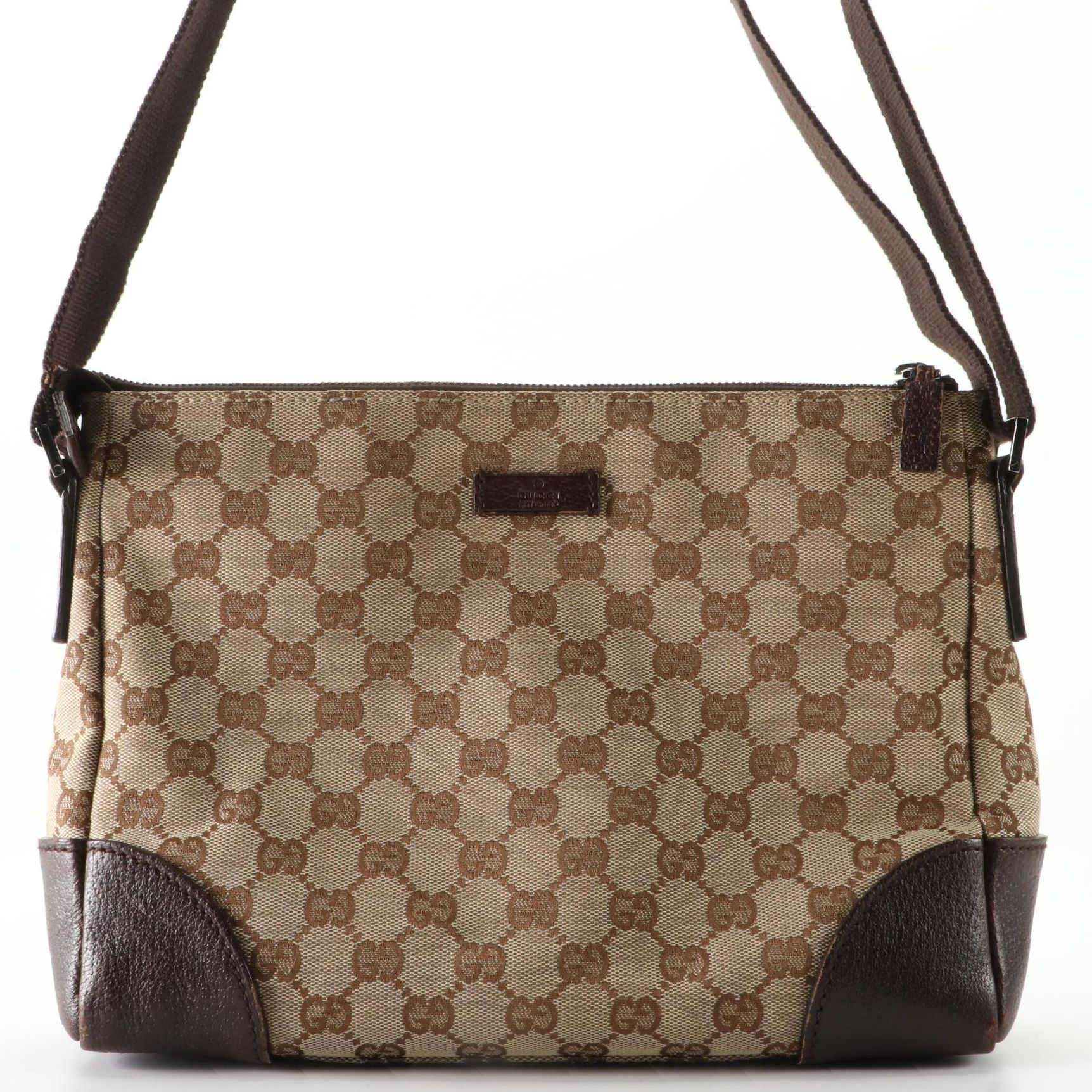 Gucci Crossbody Bag in GG Canvas and Brown Cinghiale Leather