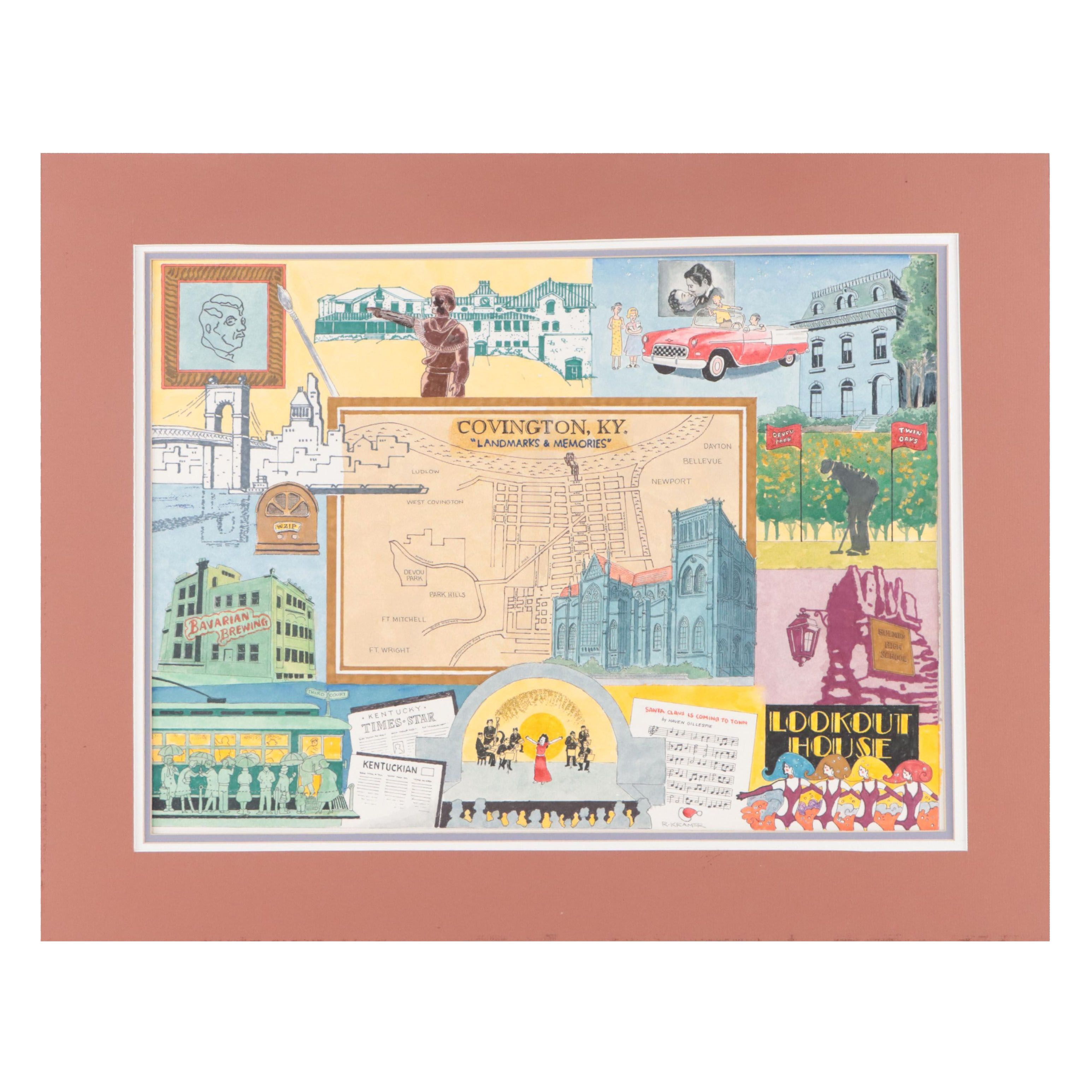 R. Kramer Mixed Media Painting "Covington, K.Y. / Landmarks & Memories"