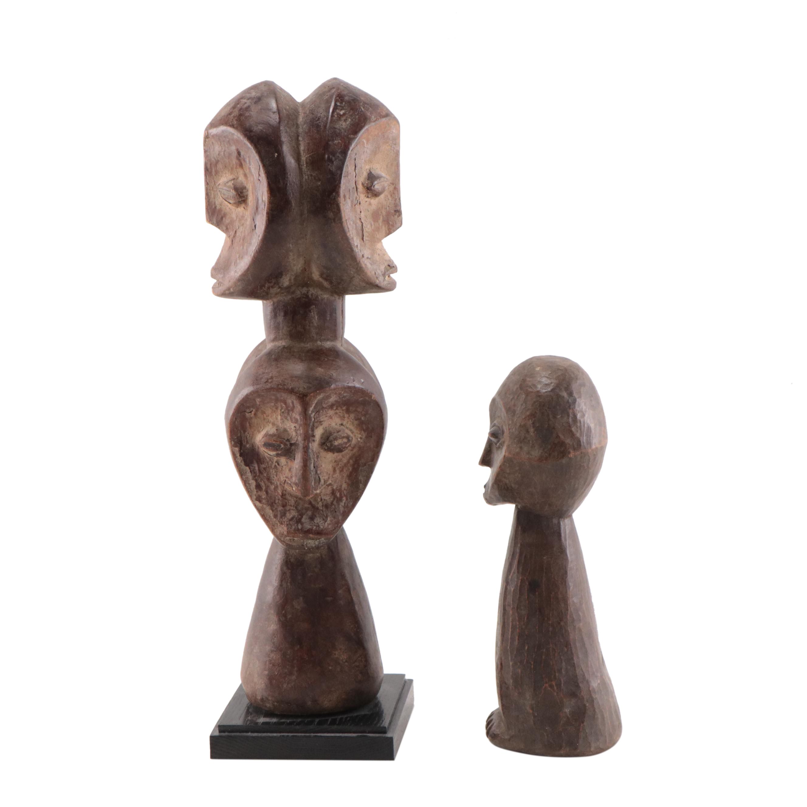 Lega (DRC) Carved Wood Janiform Bwami and Iginga Figures