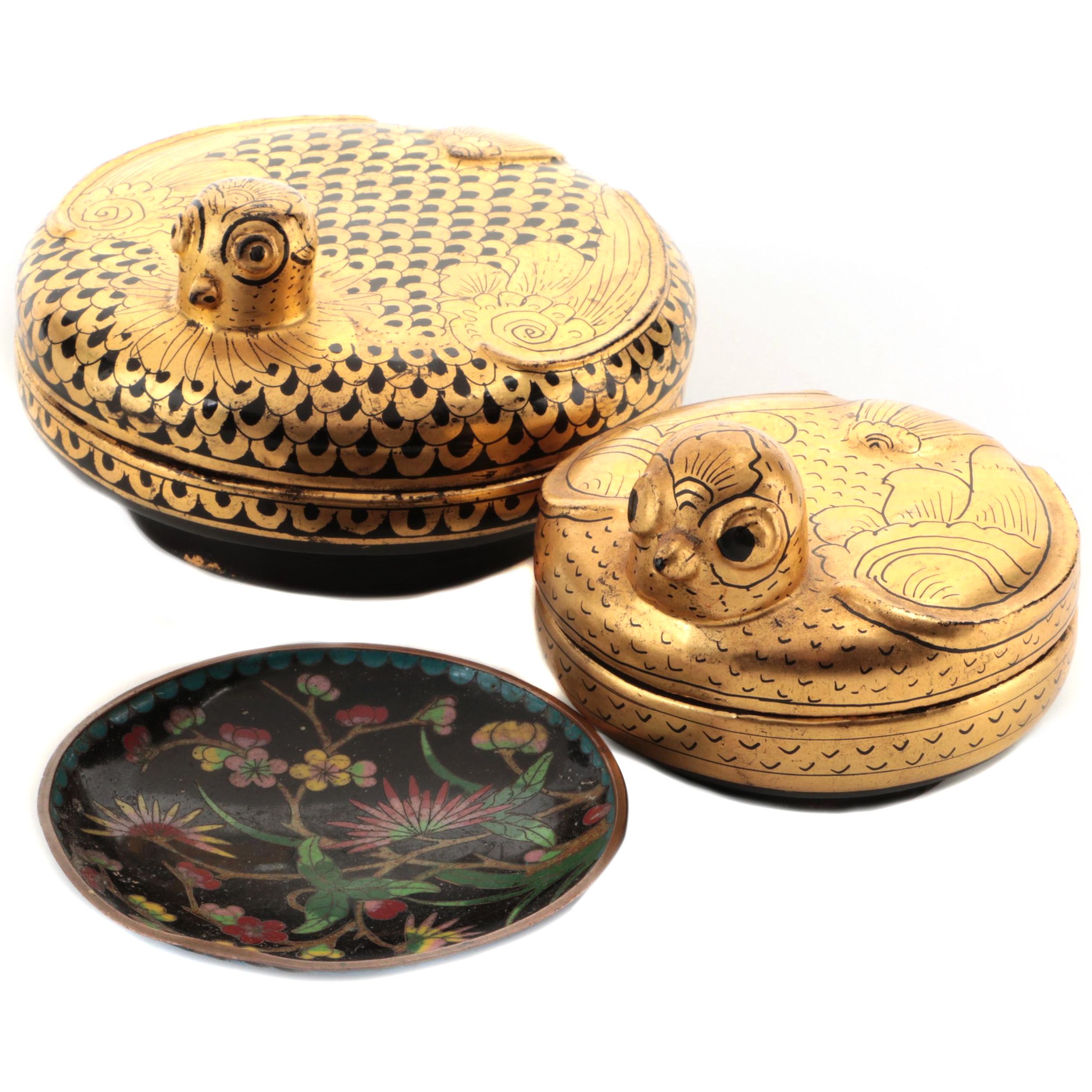 Burmese Gilt Lacquerware Bird Trinket Boxes with Chinese Cloisonné Dish