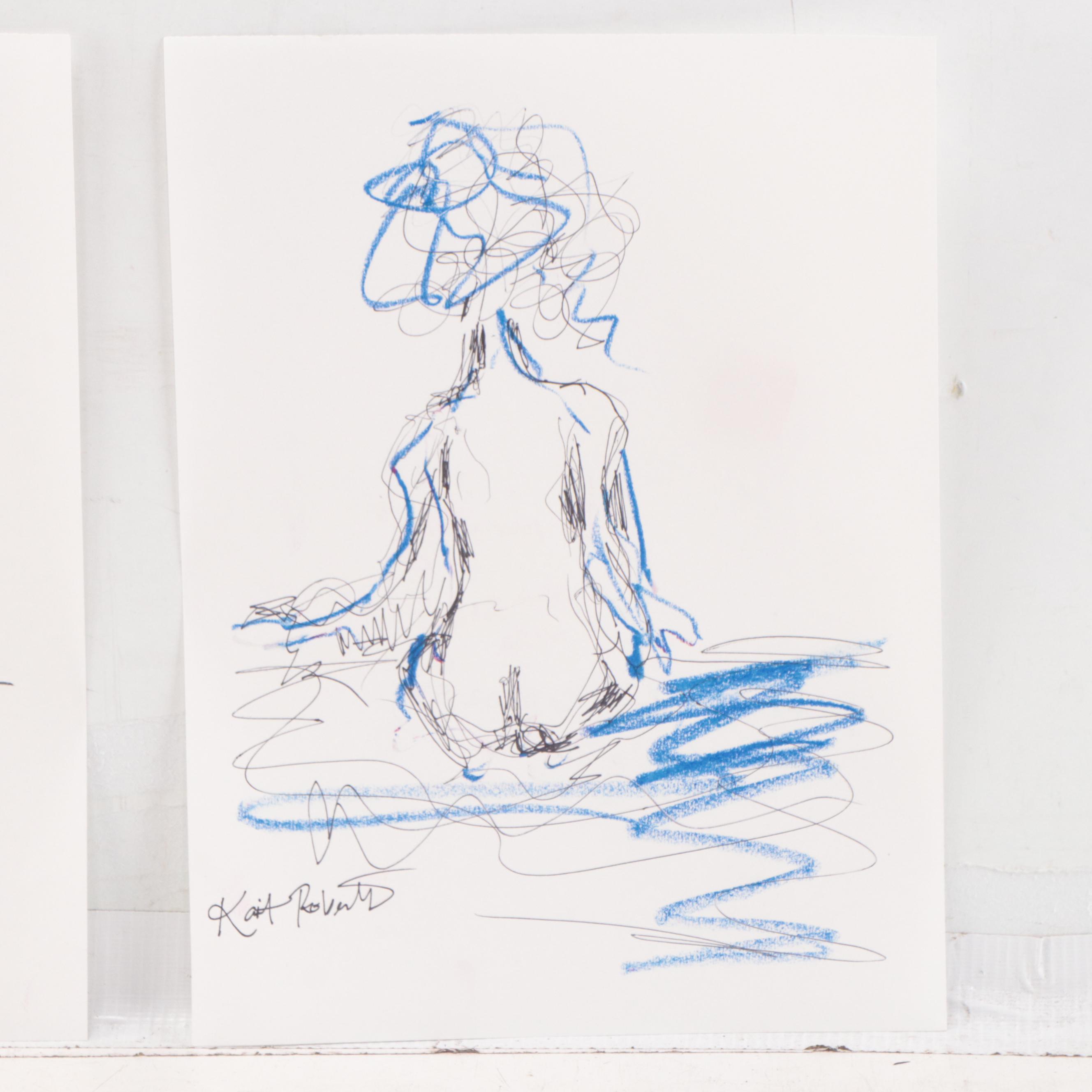 Kait Roberts Figural Ink and Pastel Drawings, 21st Century