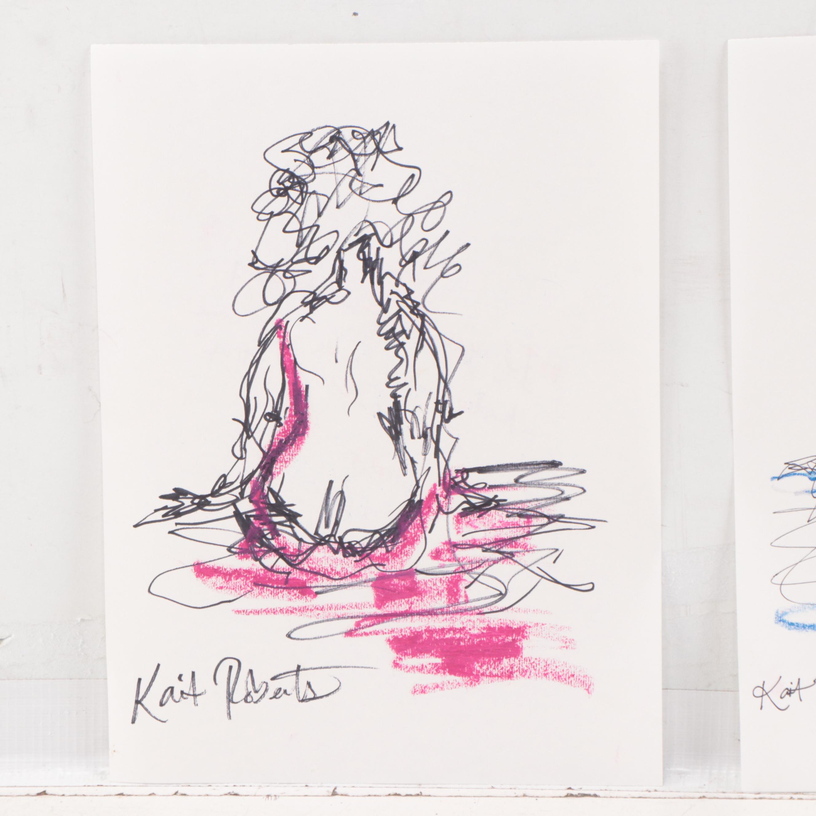 Kait Roberts Figural Ink and Pastel Drawings, 21st Century