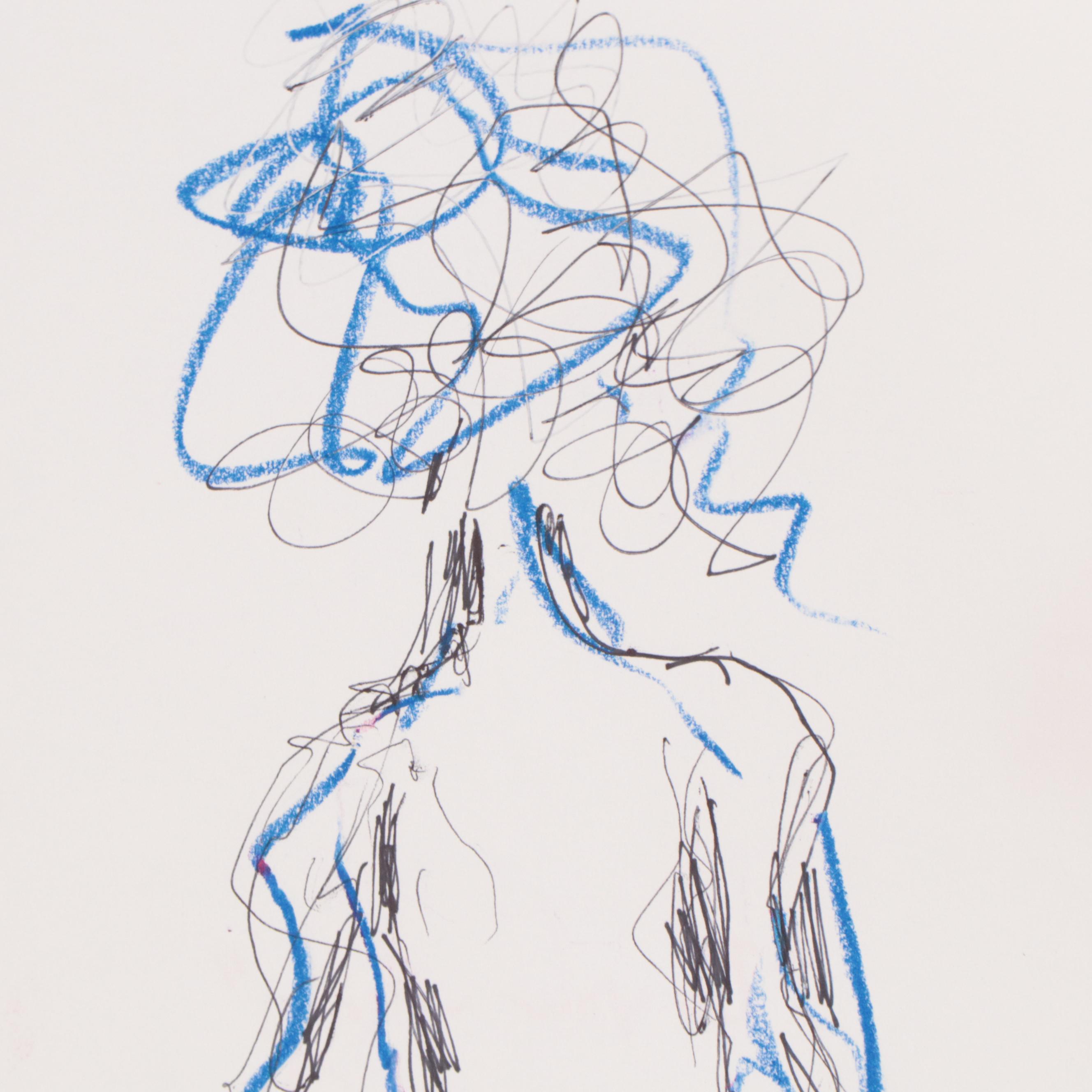 Kait Roberts Figural Ink and Pastel Drawings, 21st Century