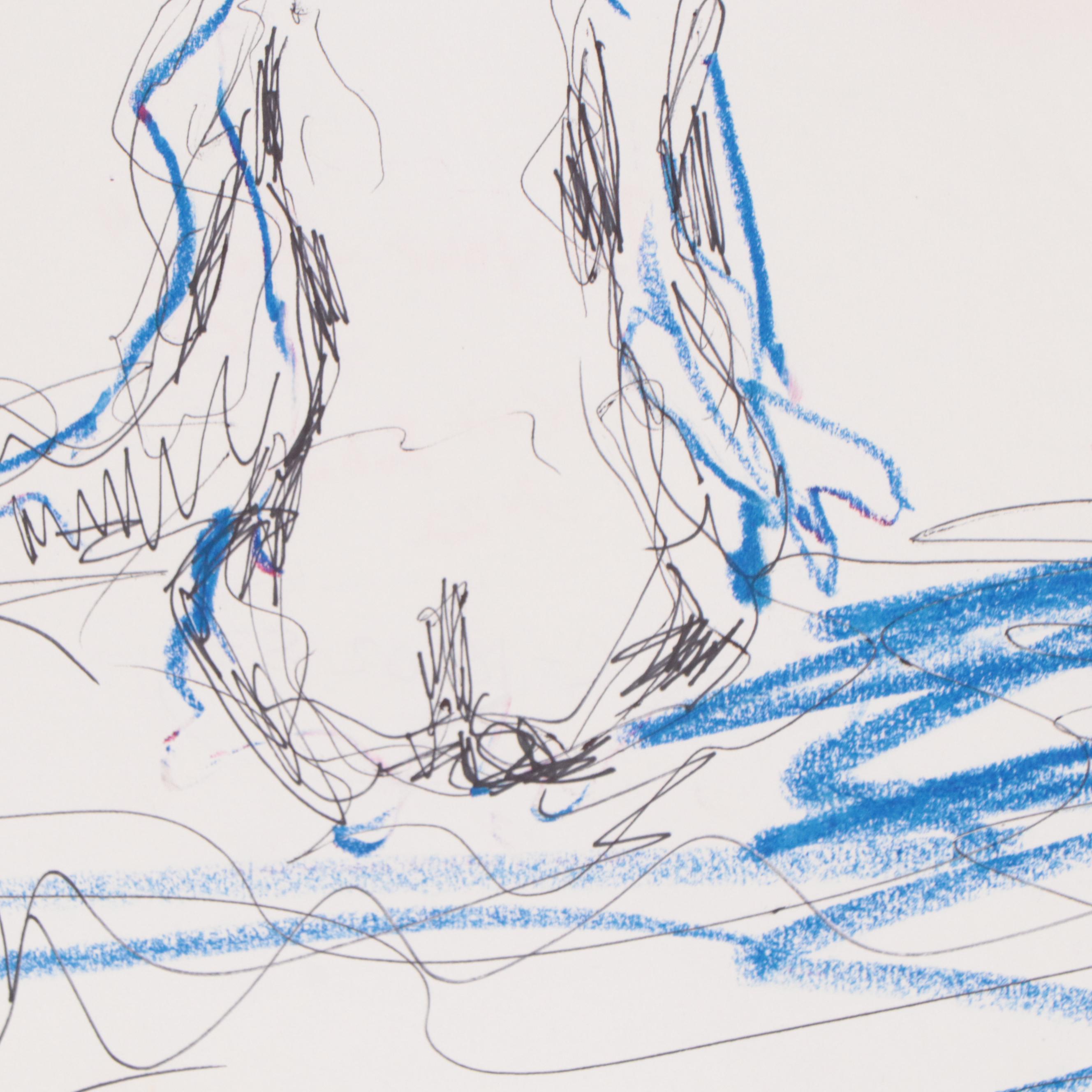 Kait Roberts Figural Ink and Pastel Drawings, 21st Century