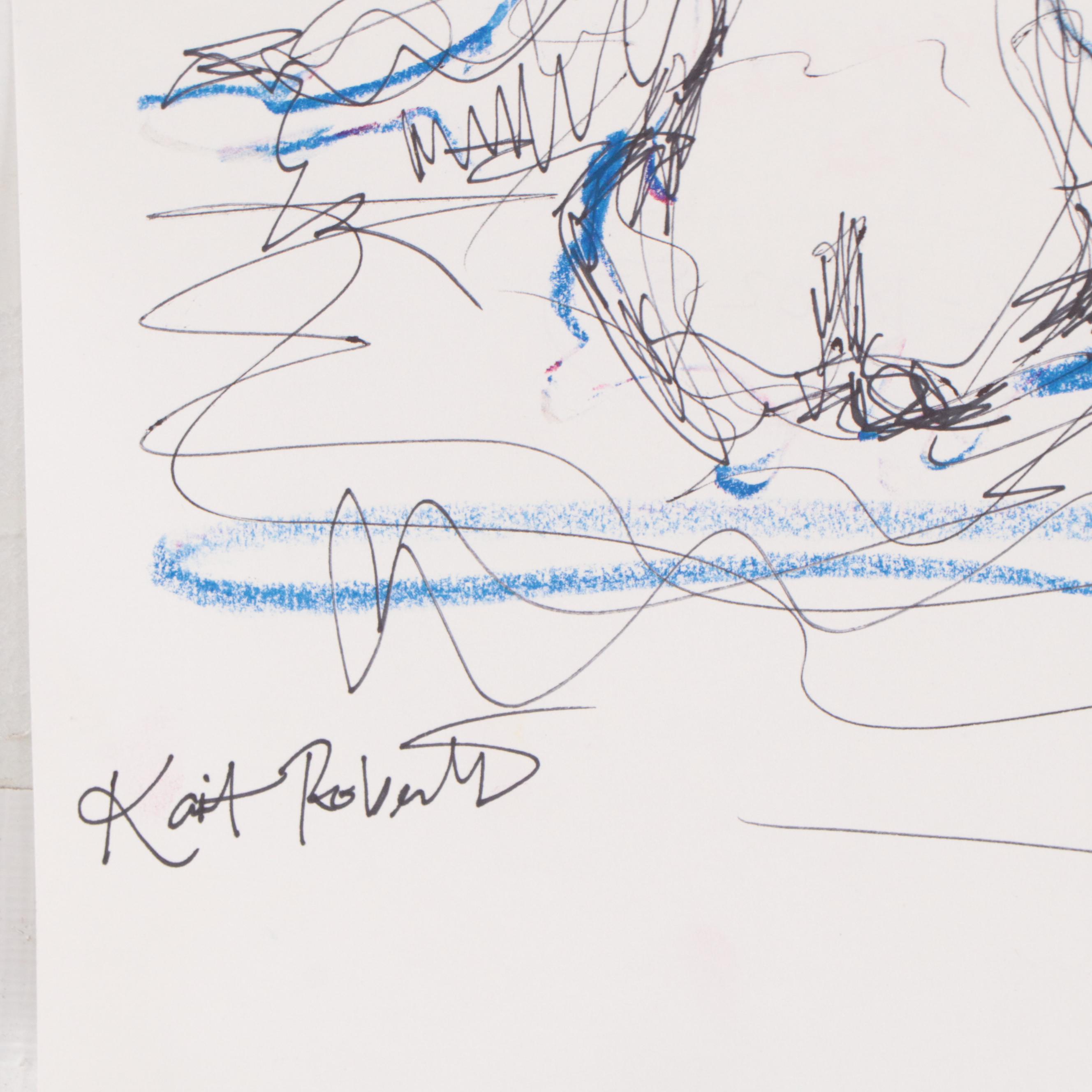 Kait Roberts Figural Ink and Pastel Drawings, 21st Century