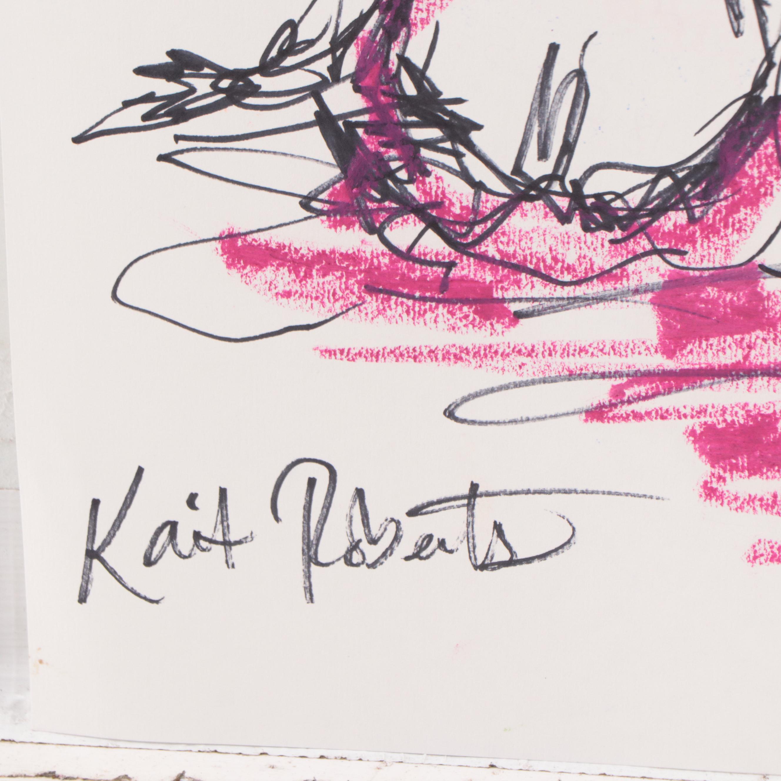 Kait Roberts Figural Ink and Pastel Drawings, 21st Century