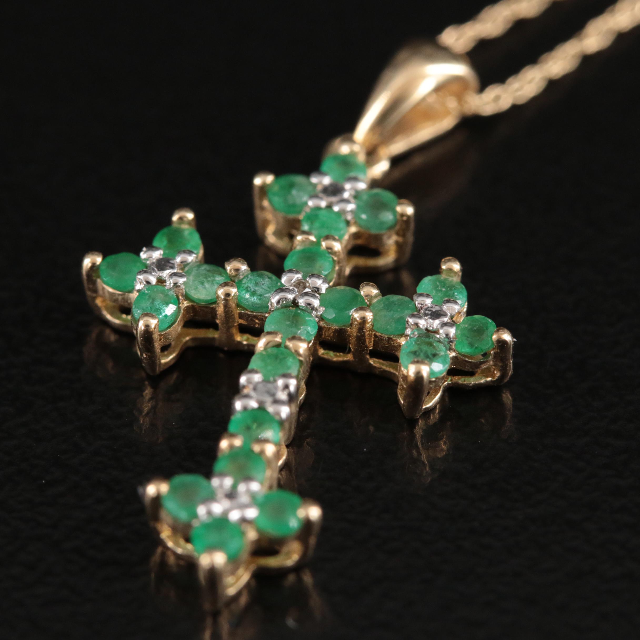 10K Emerald Cross Pendant Necklace