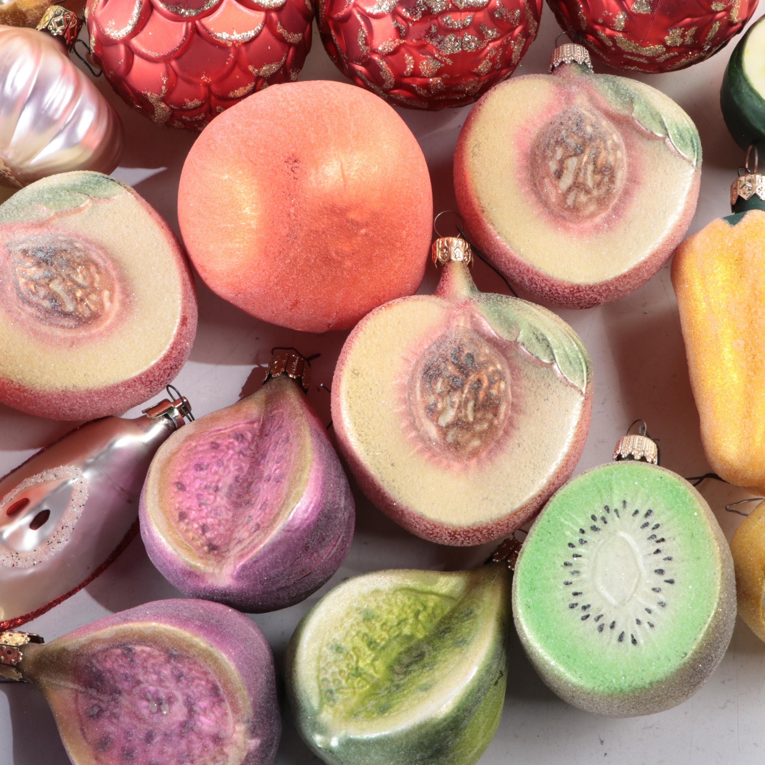 Contemporary Hand Blown Glass Assorted Fruits Christmas Ornaments