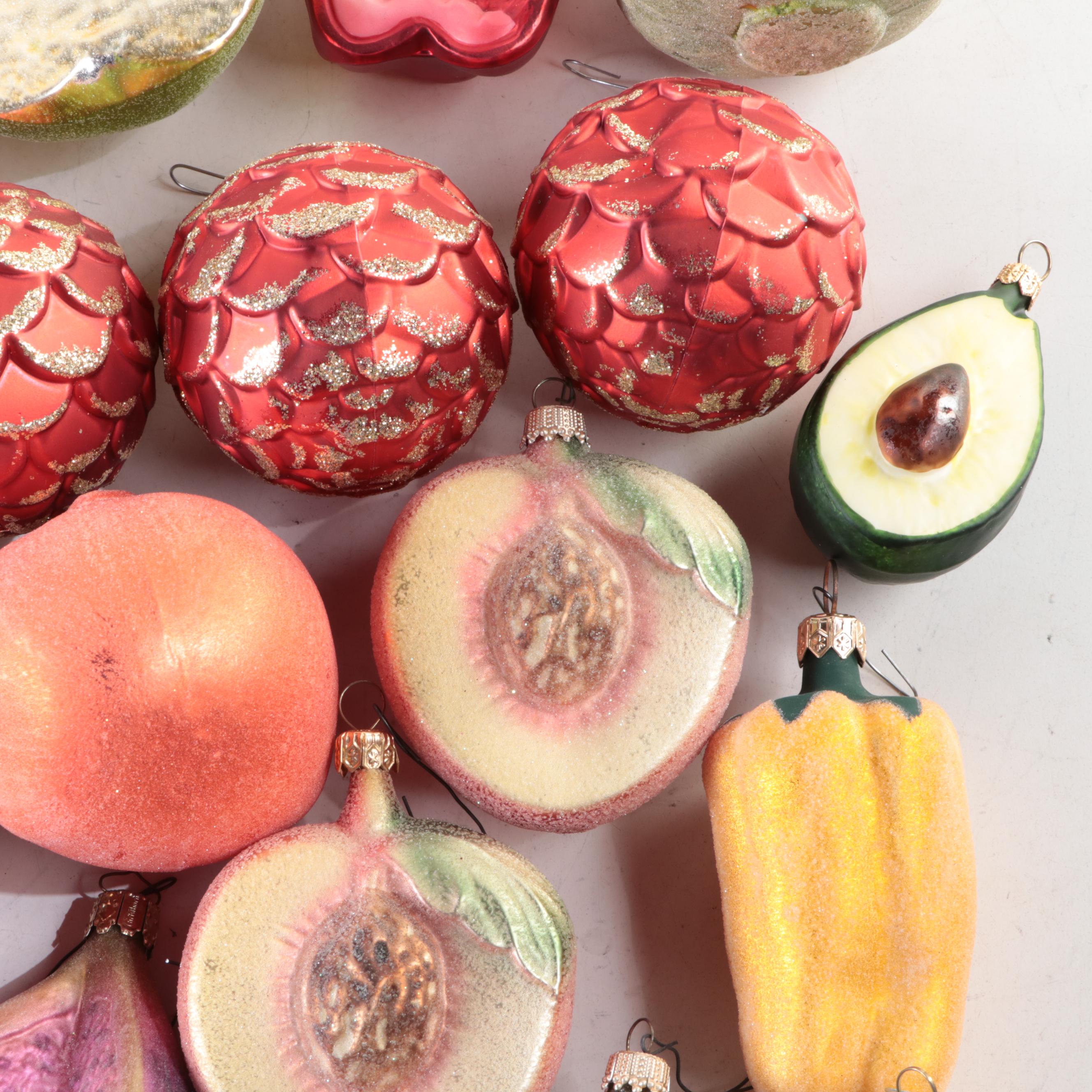 Contemporary Hand Blown Glass Assorted Fruits Christmas Ornaments