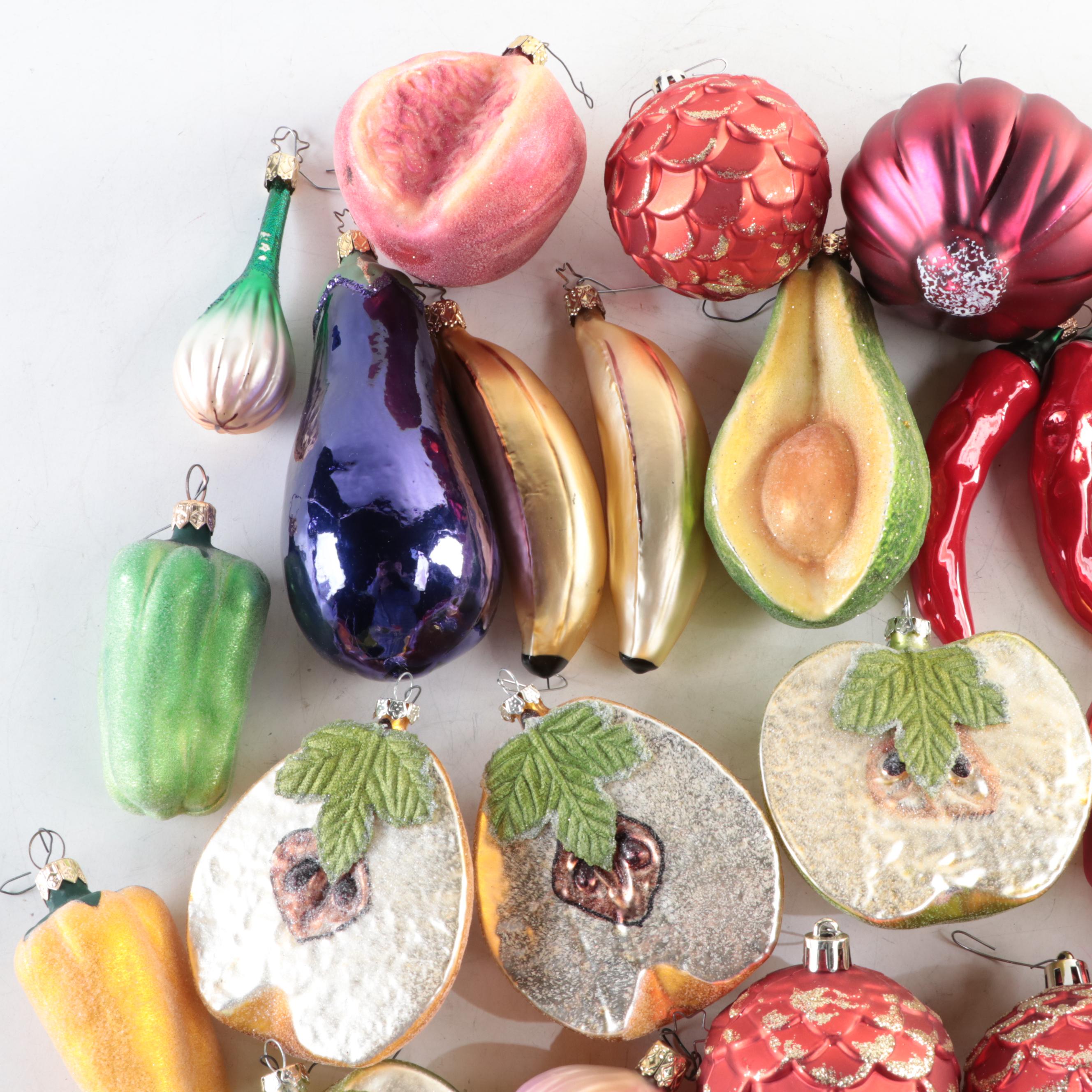 Contemporary Hand Blown Glass Assorted Fruits Christmas Ornaments