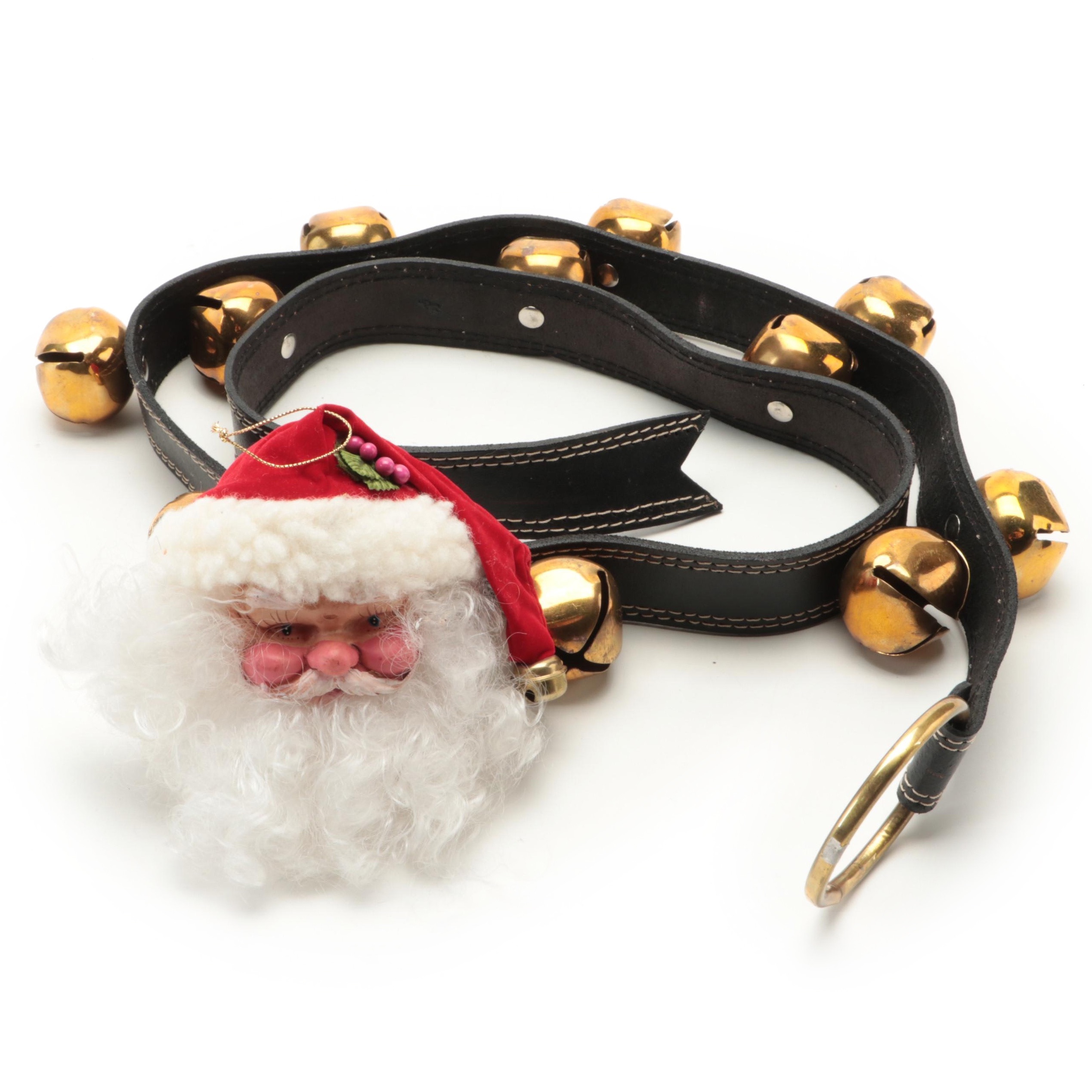 Sleigh Bells on Topstitched Leather Strap with Santa Ornament