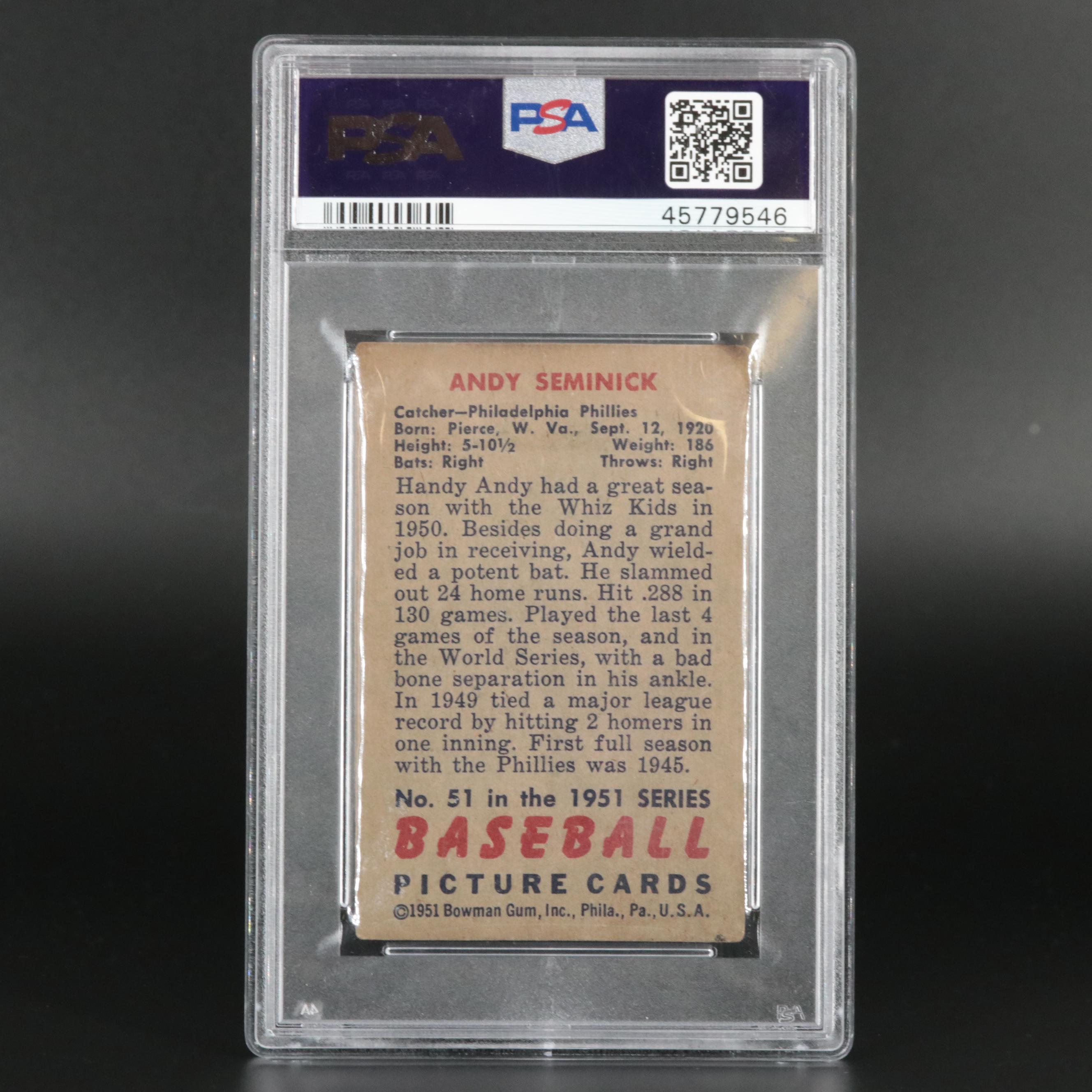 1951 Bowman Andy Seminick PSA 3 Philadelphia Phillies #51