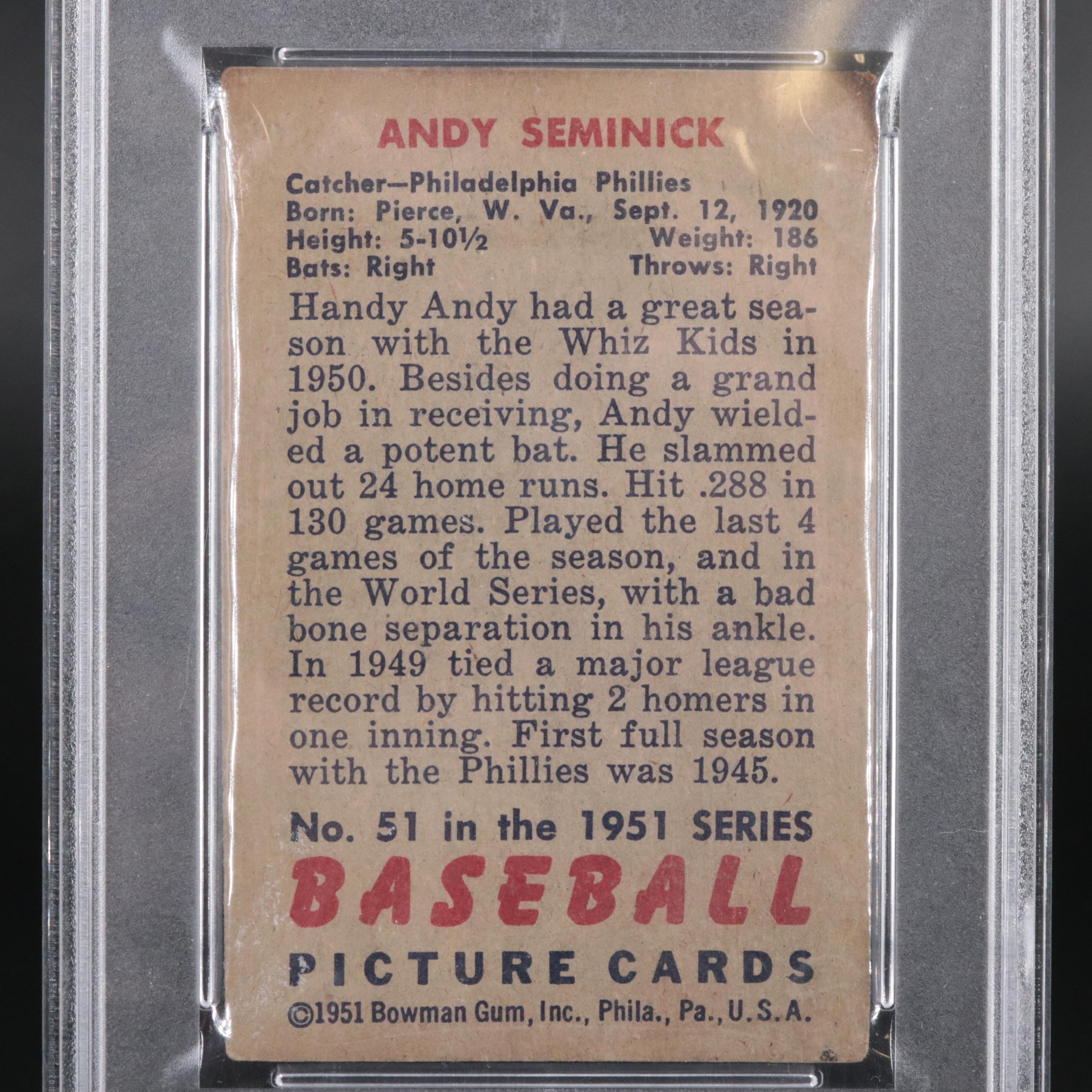 1951 Bowman Andy Seminick PSA 3 Philadelphia Phillies #51