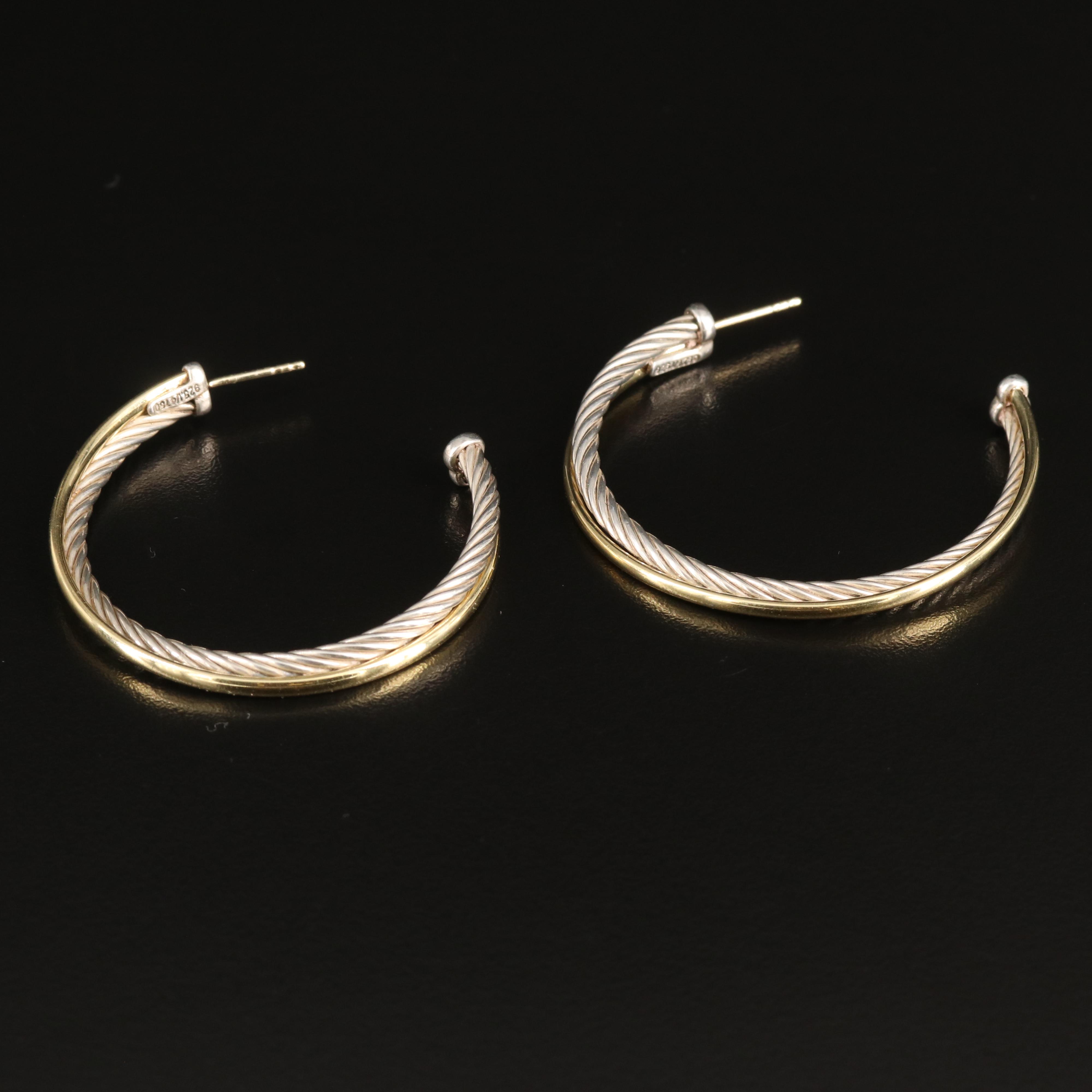 David Yurman "Crossover" Sterling Hoop Earrings with Bonded 18K Accents