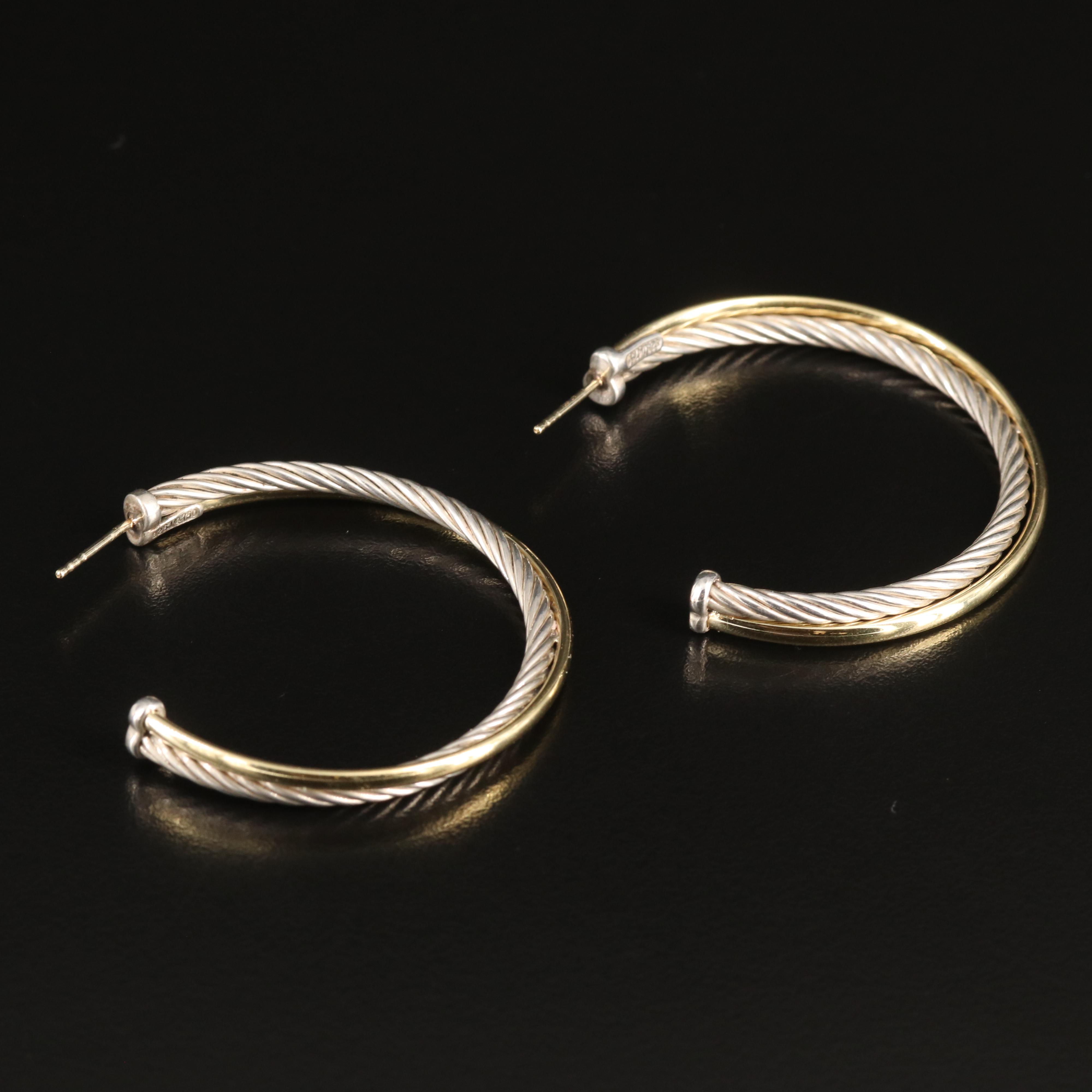 David Yurman "Crossover" Sterling Hoop Earrings with Bonded 18K Accents