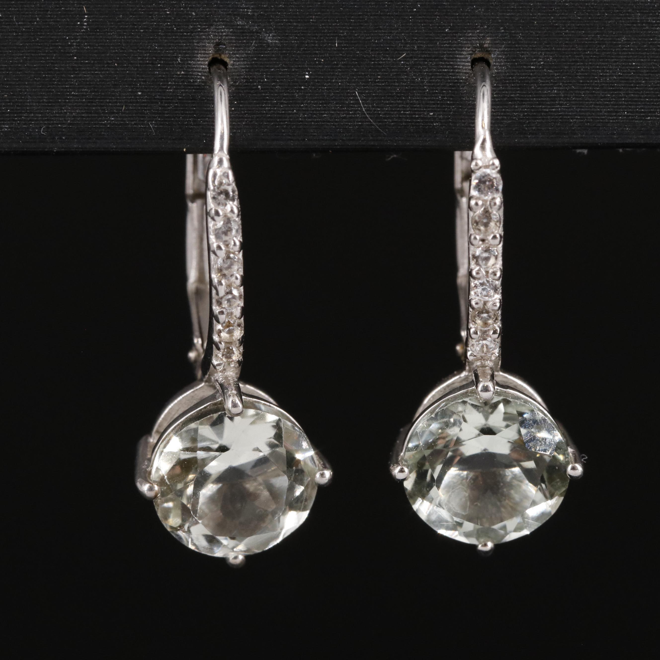 Sterling Prasiolite and White Zircon Drop Earrings