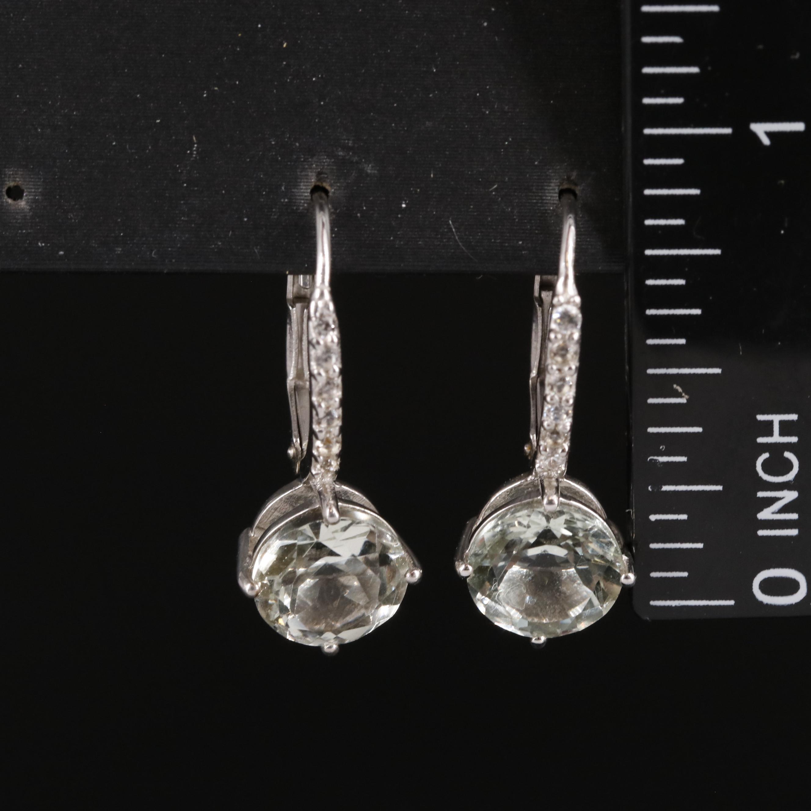 Sterling Prasiolite and White Zircon Drop Earrings