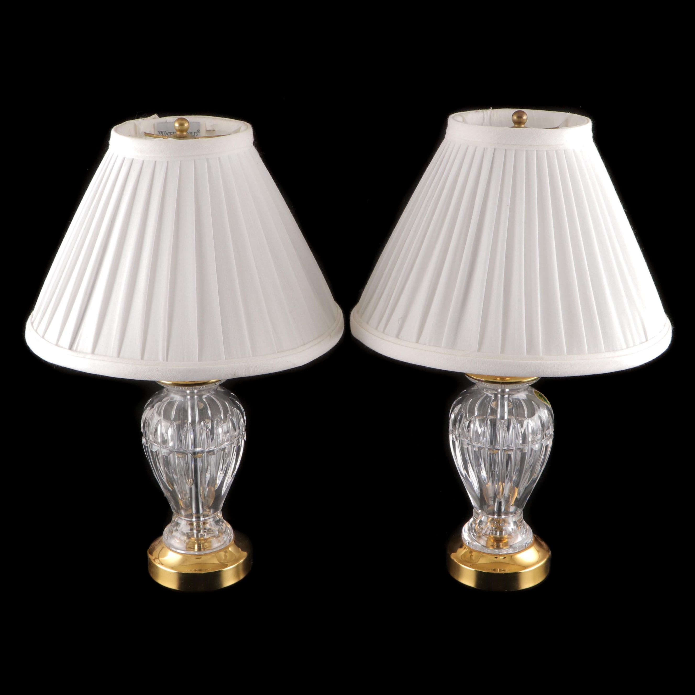 Pair of Waterford Crystal and Brass Boudoir Lamps With Ruffled Shades
