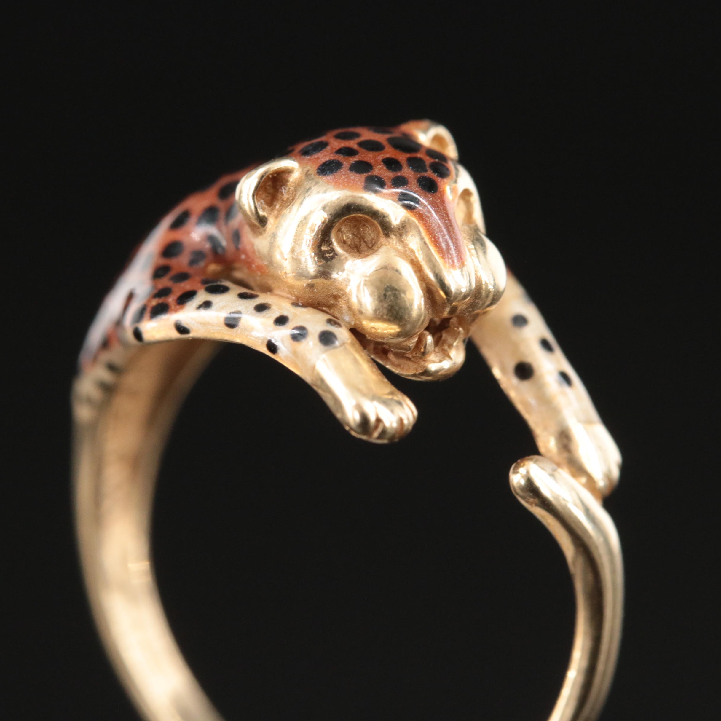14K Enamel Leopard Ring