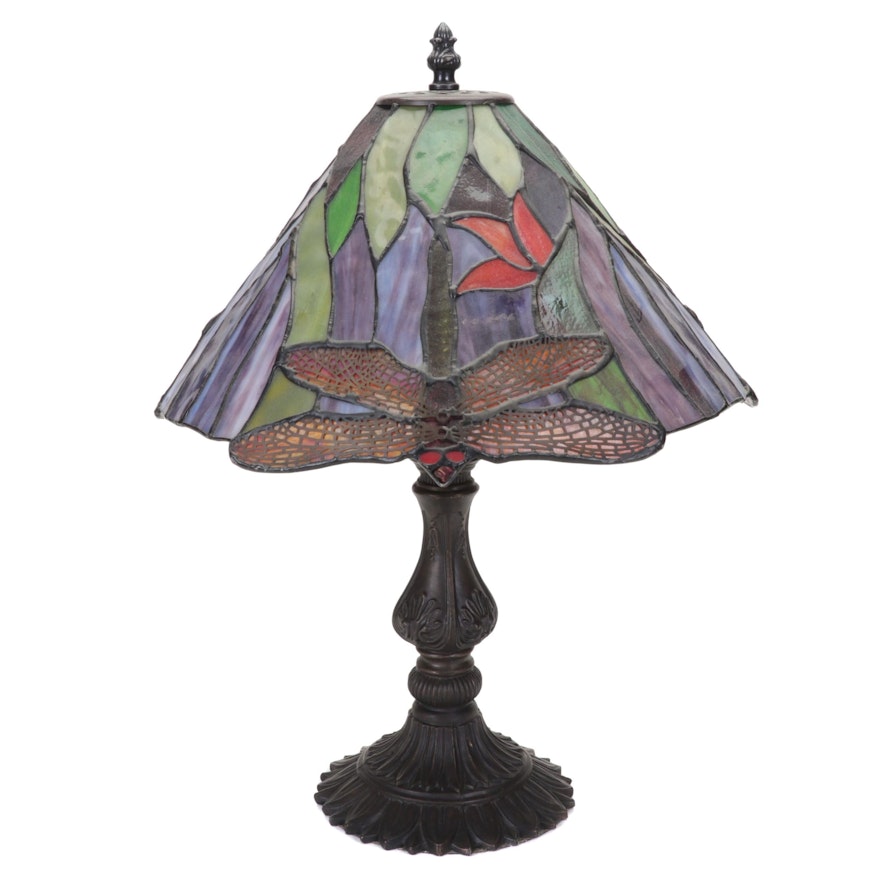 Slag Glass and Pressed Metal Dragonfly Table Lamp, Late 20th Century