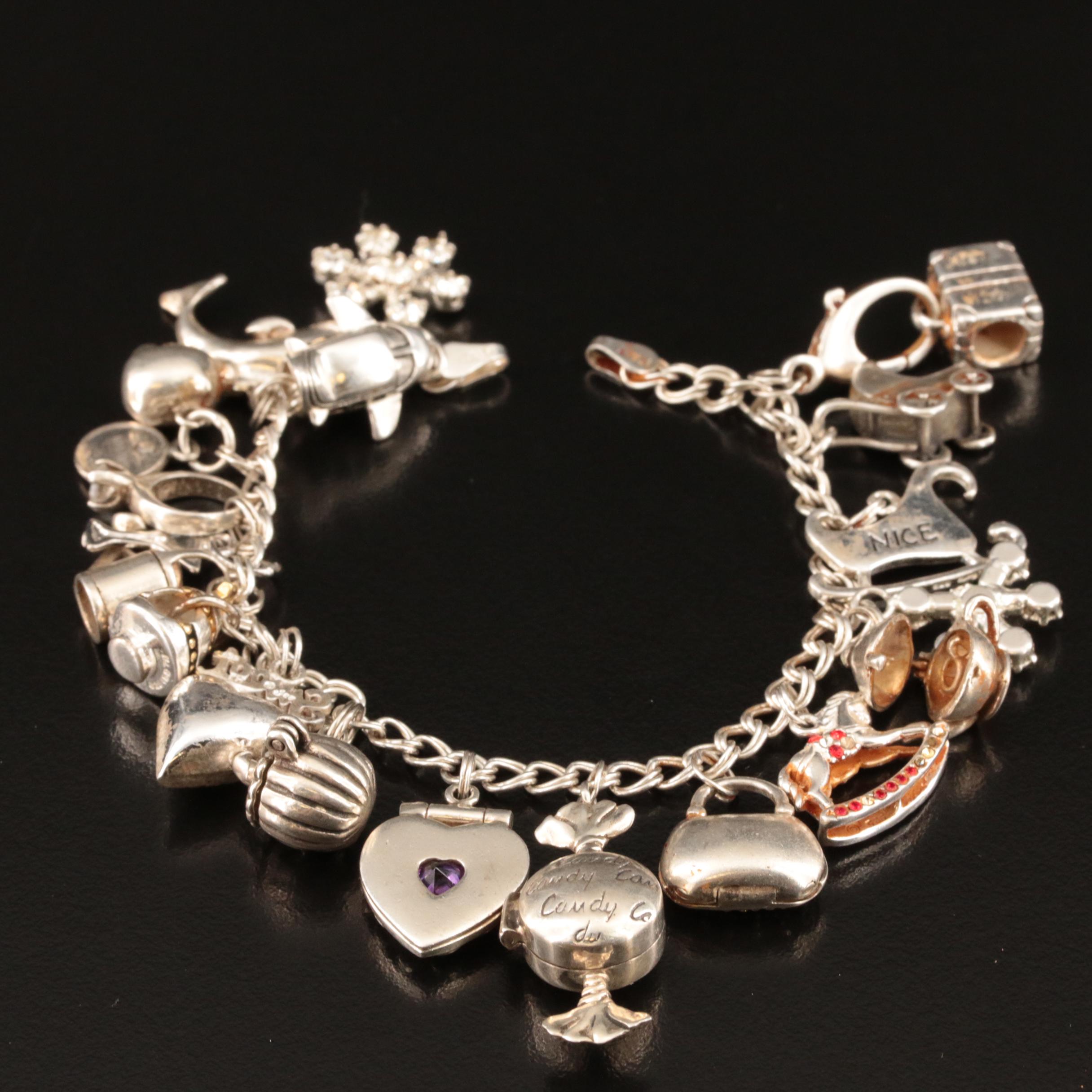 Sterling Rhinestone and Enamel Charm Bracelet