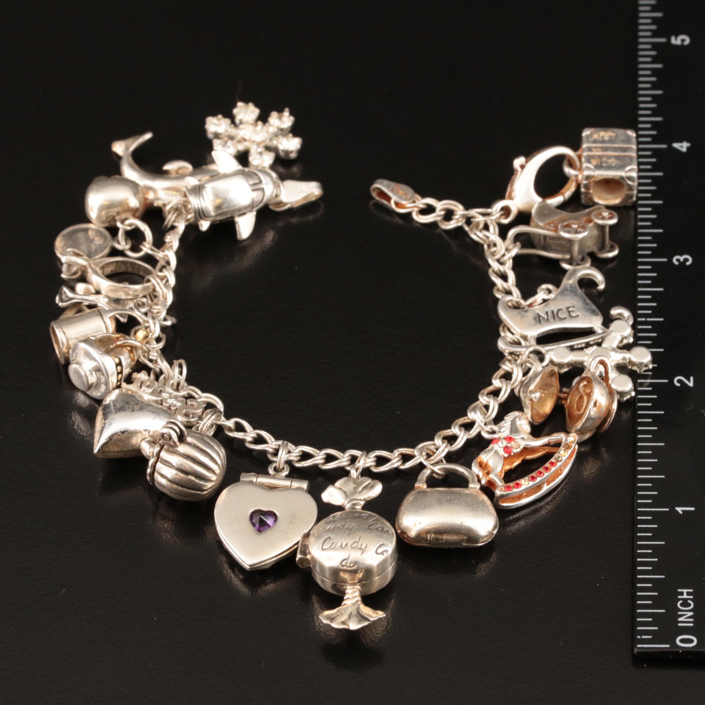 Sterling Rhinestone and Enamel Charm Bracelet