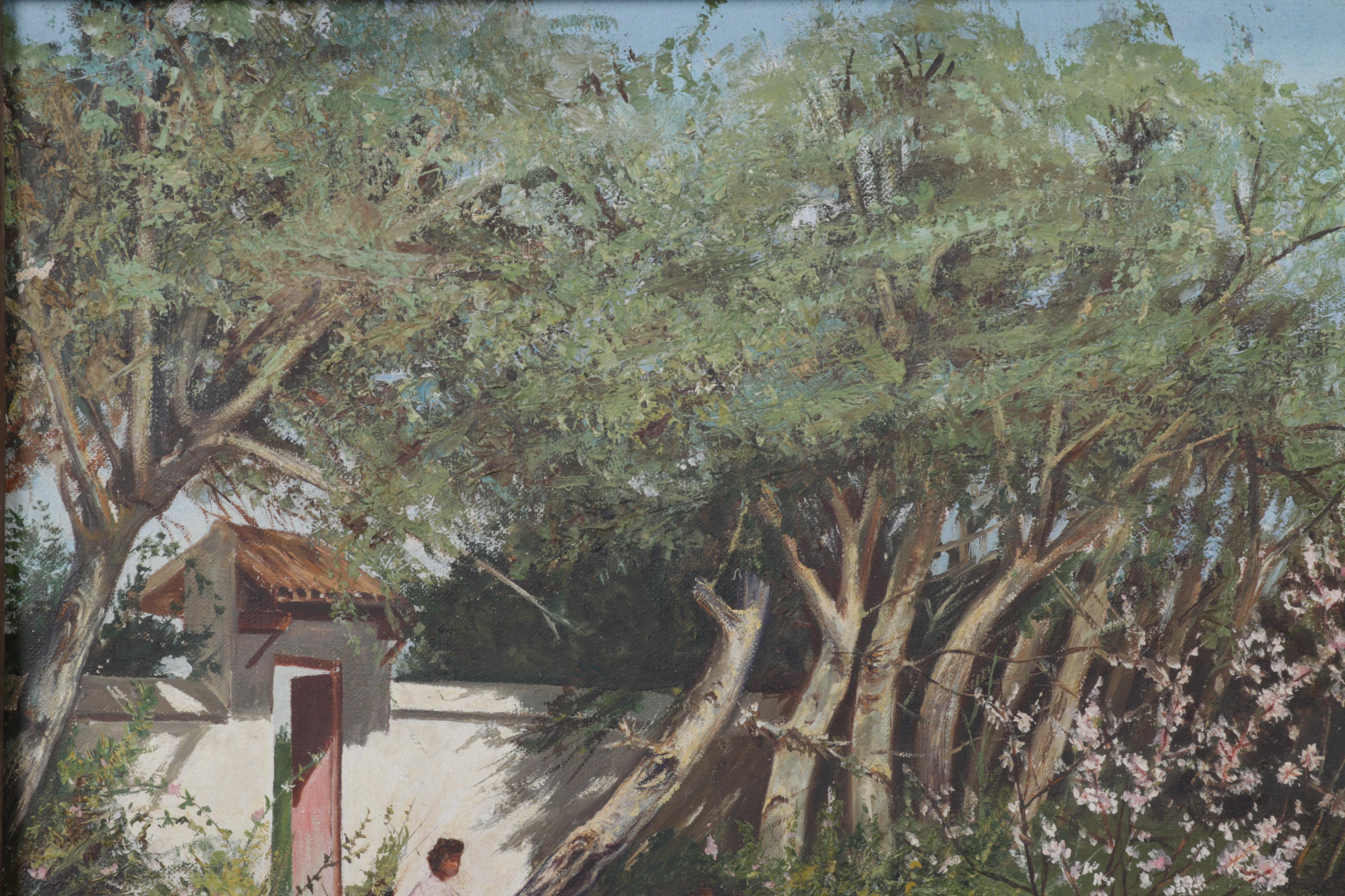 Baldomero Garcia Oil Painting of Rowboat on Riverside, Mid-20th Century