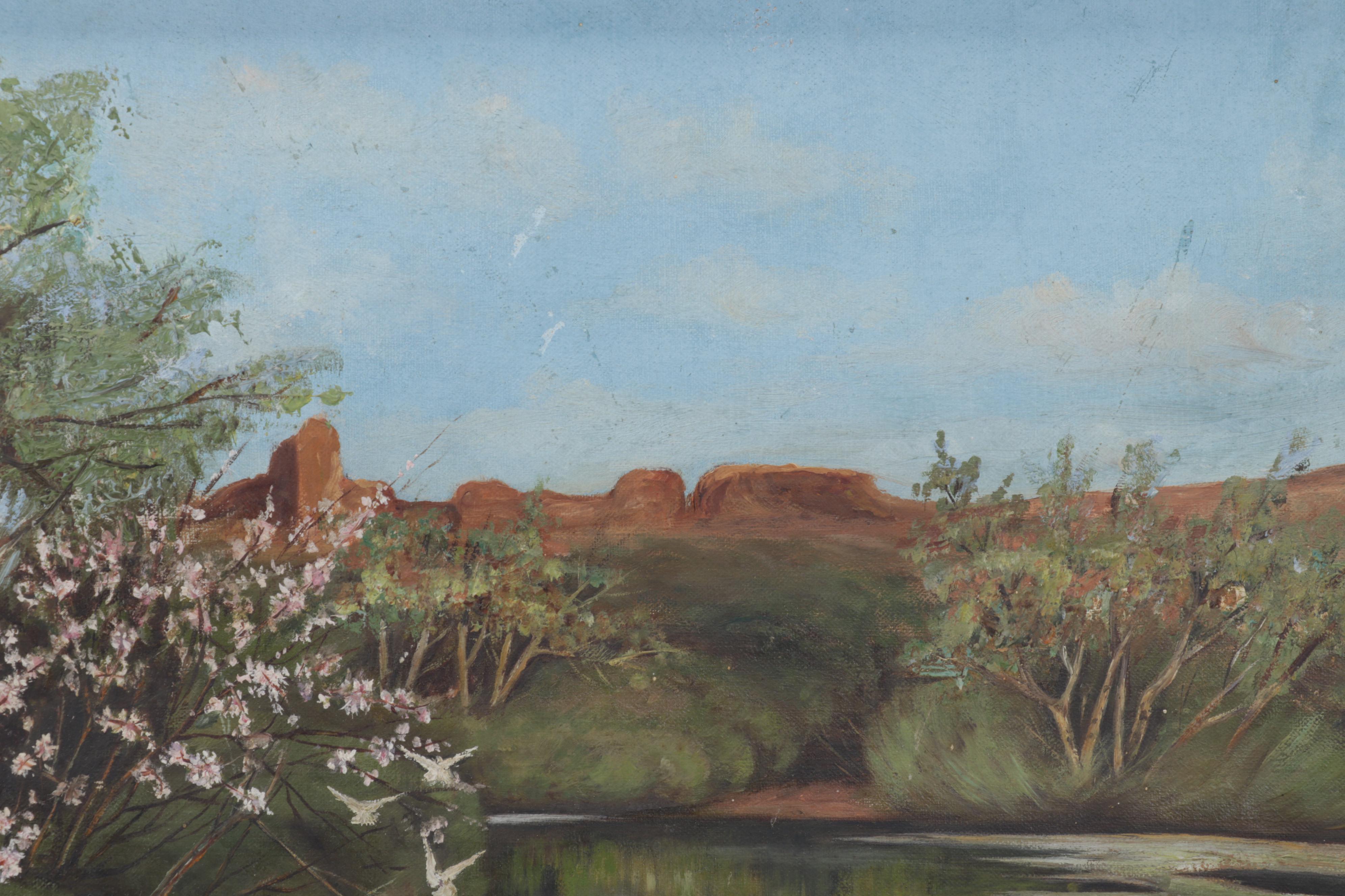 Baldomero Garcia Oil Painting of Rowboat on Riverside, Mid-20th Century