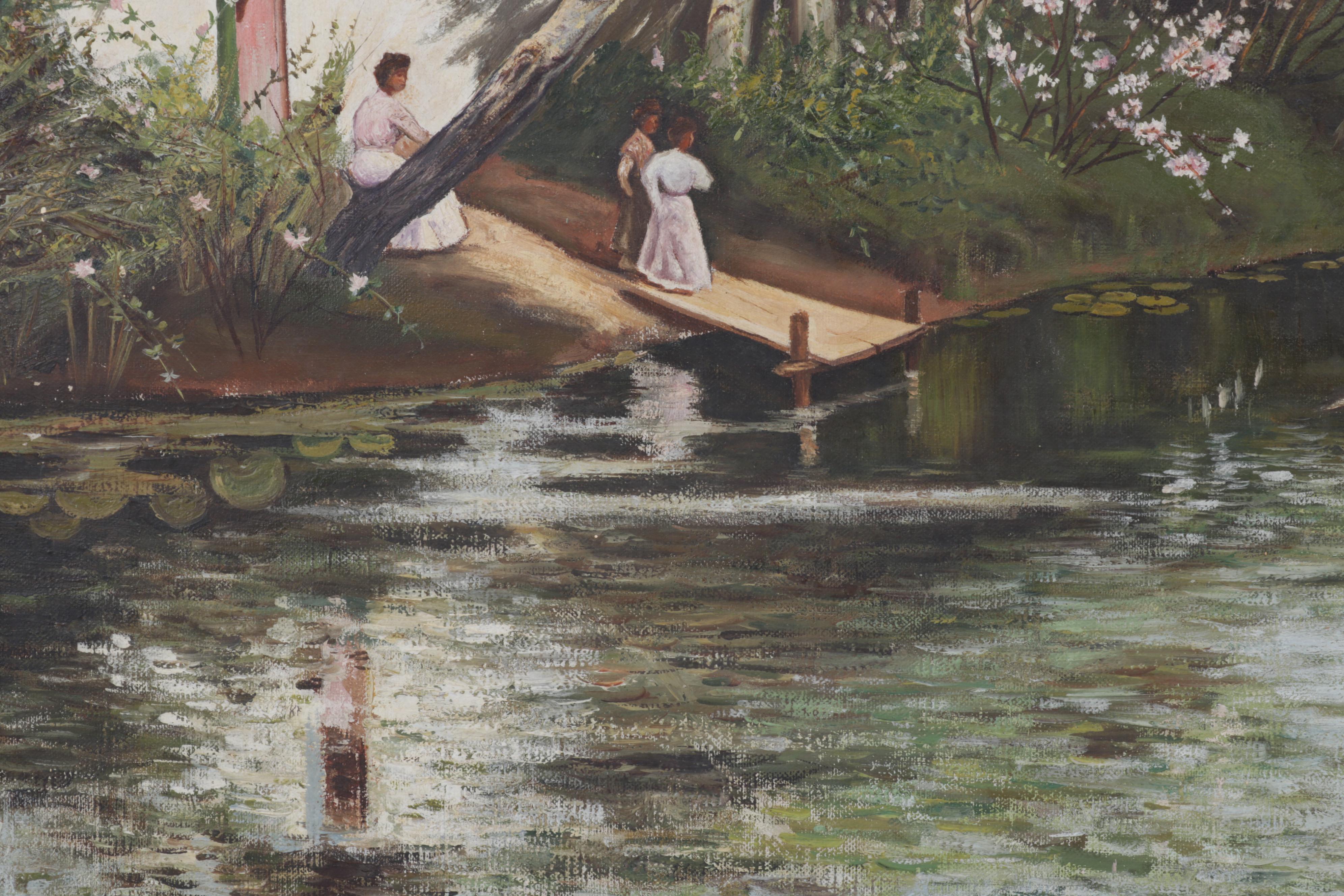 Baldomero Garcia Oil Painting of Rowboat on Riverside, Mid-20th Century