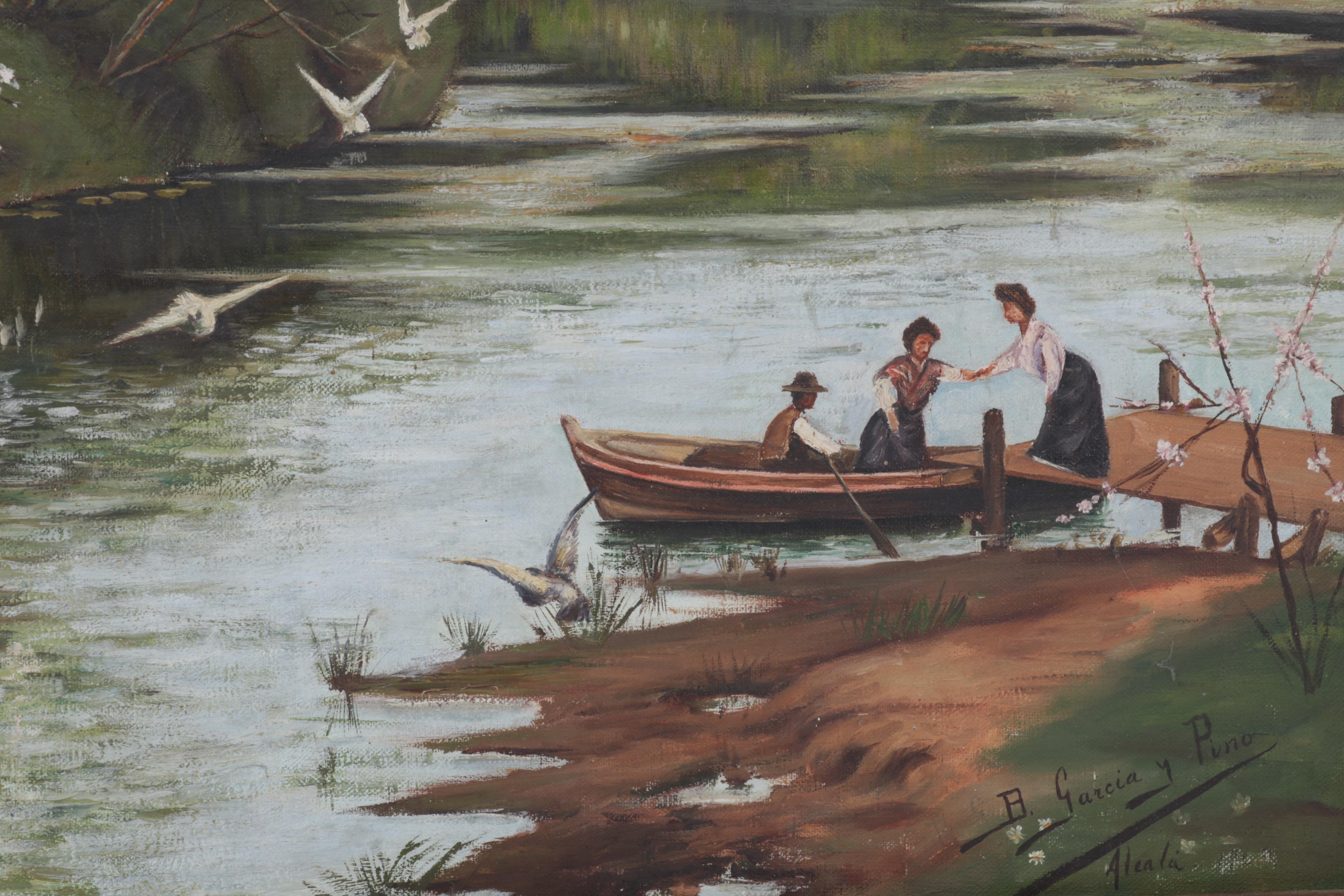 Baldomero Garcia Oil Painting of Rowboat on Riverside, Mid-20th Century