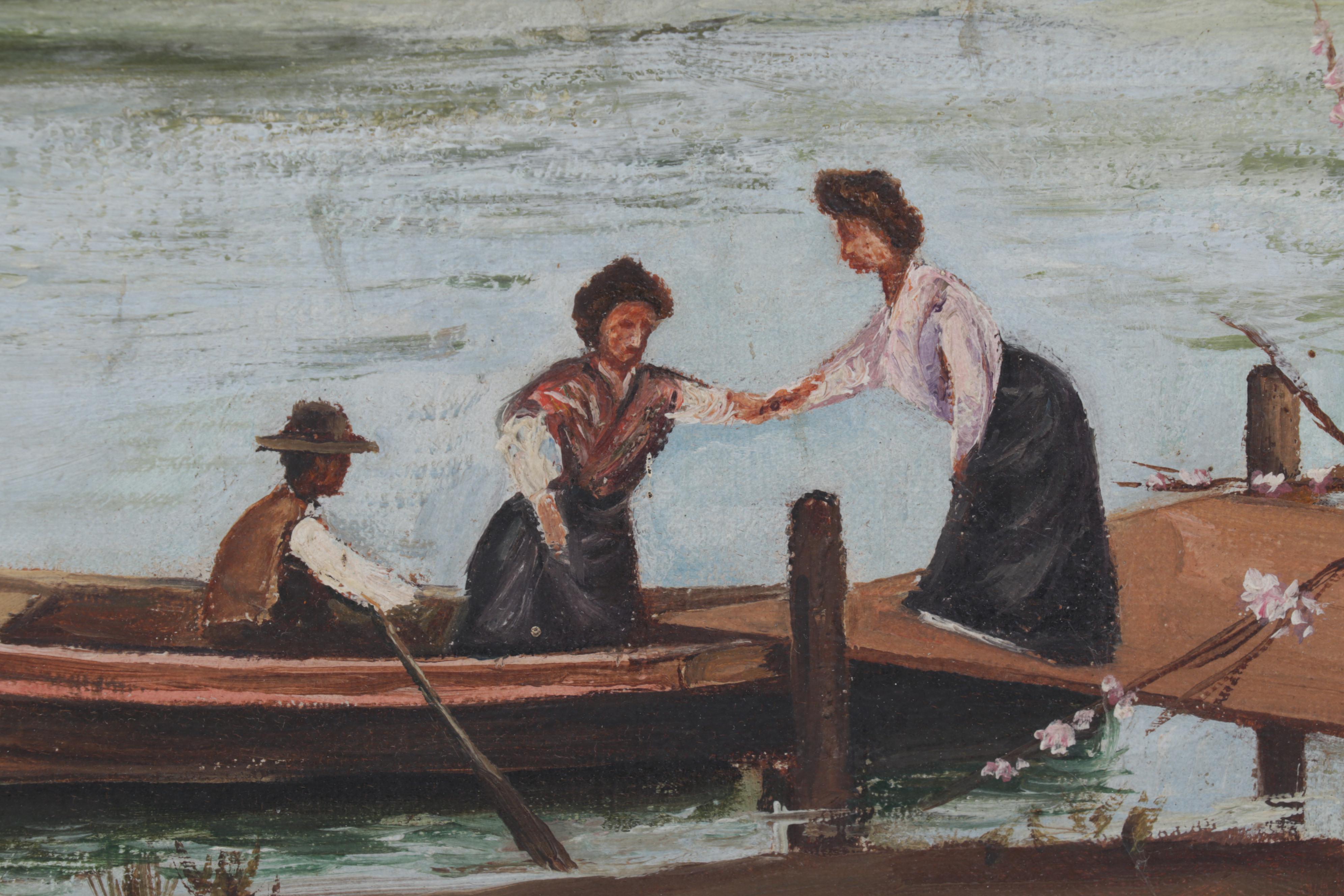 Baldomero Garcia Oil Painting of Rowboat on Riverside, Mid-20th Century