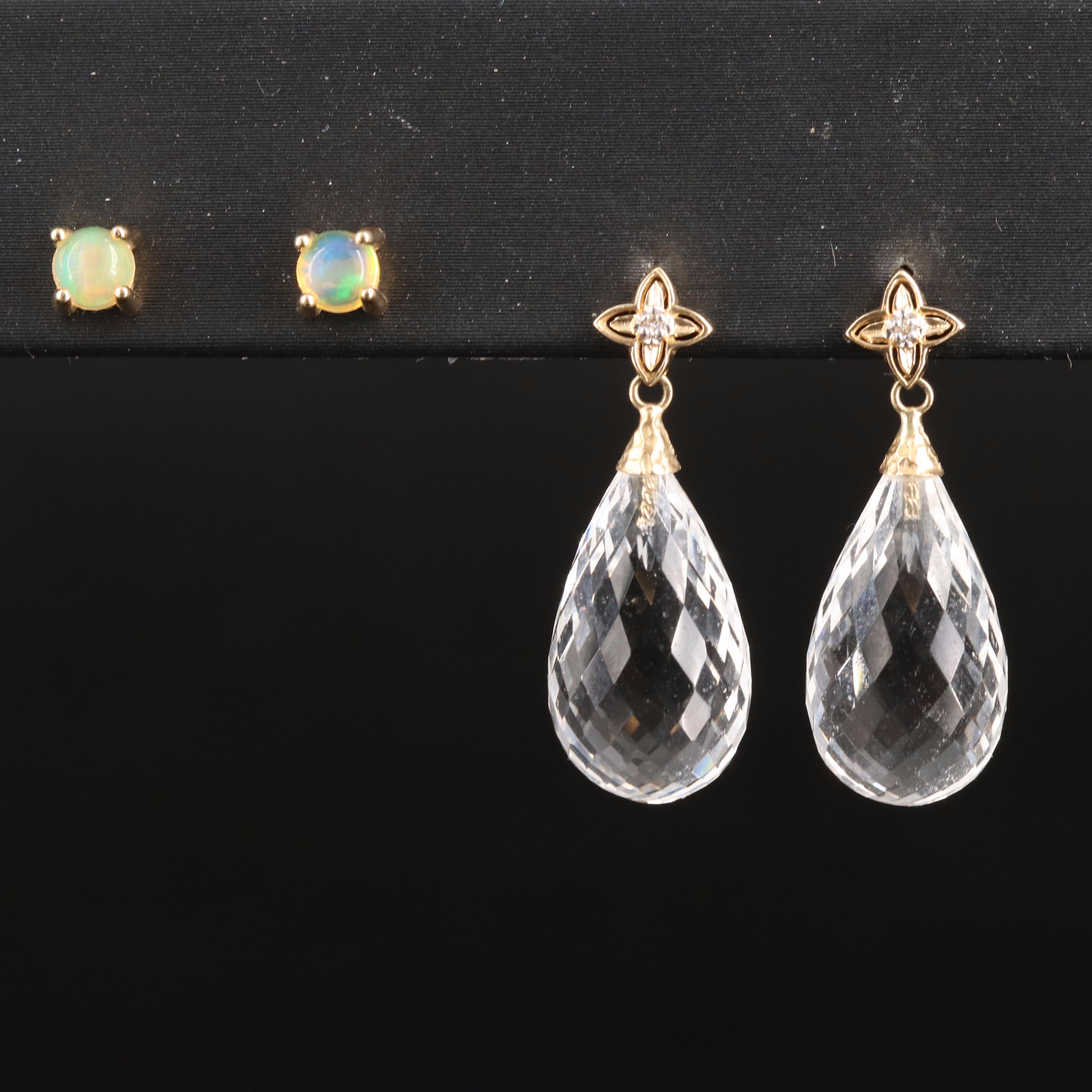 14K Opal Stud, Rock Crystal Quartz and Diamond Drop Earrings
