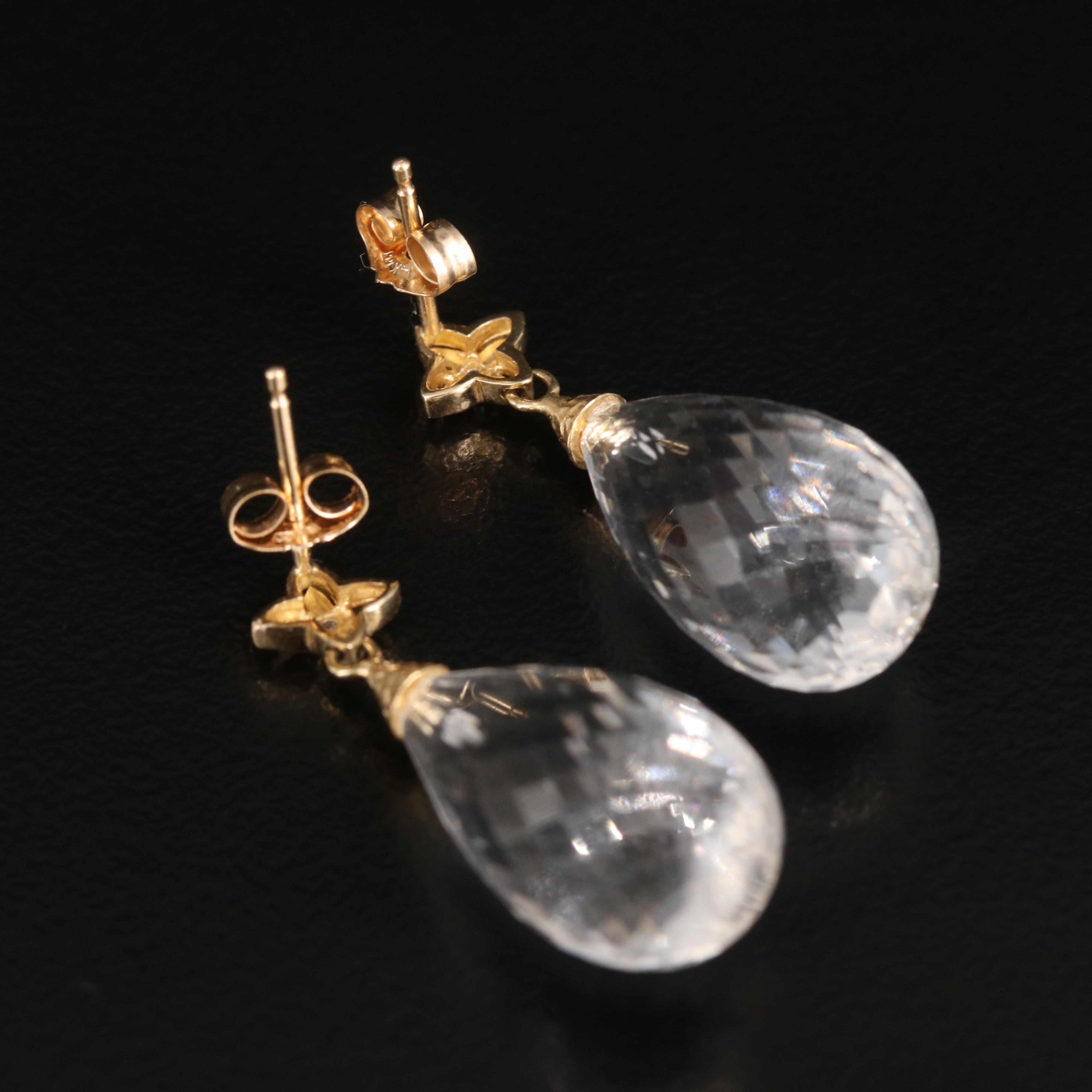 14K Opal Stud, Rock Crystal Quartz and Diamond Drop Earrings