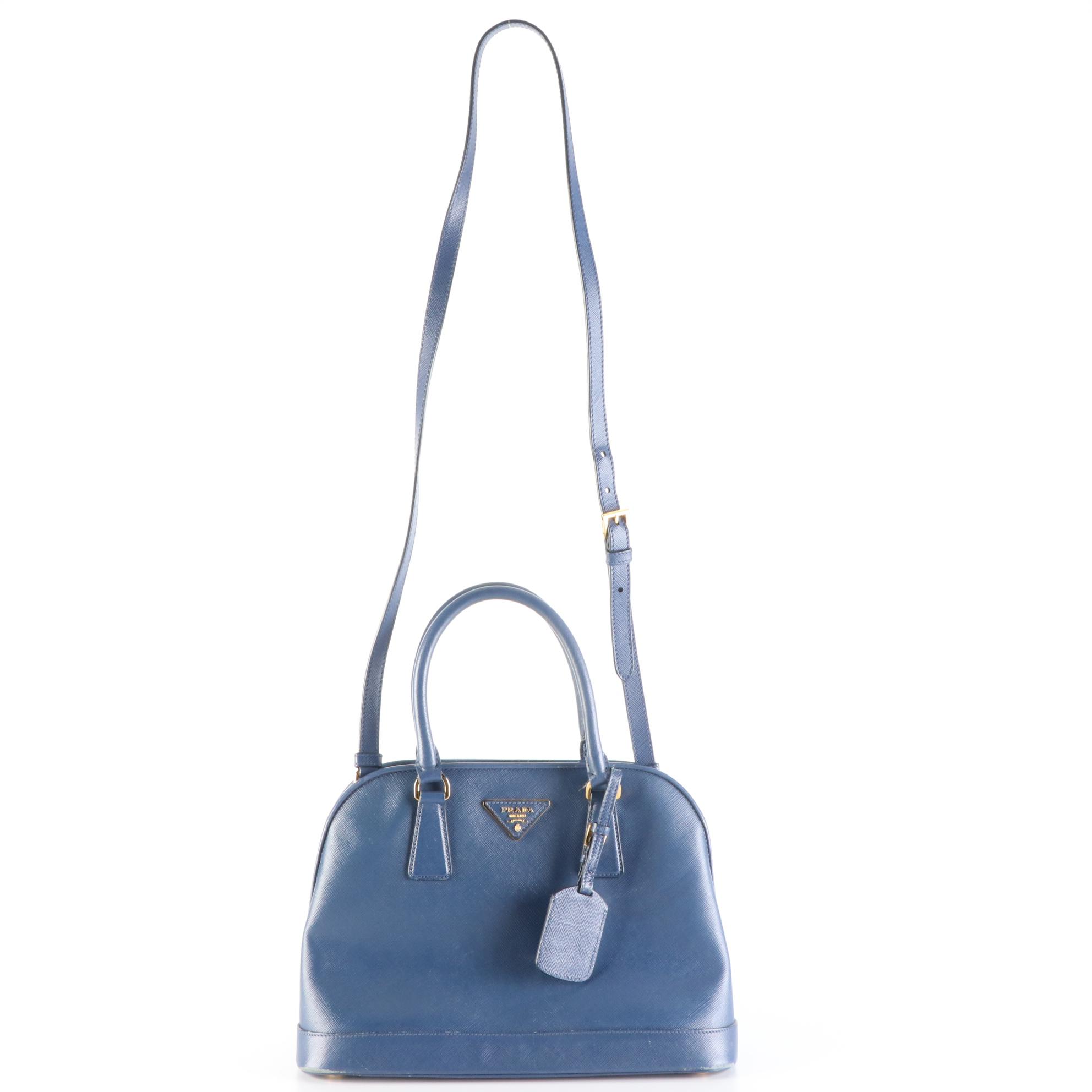 Prada Dome Bag in Bluette Saffiano Leather with Crossbody Strap