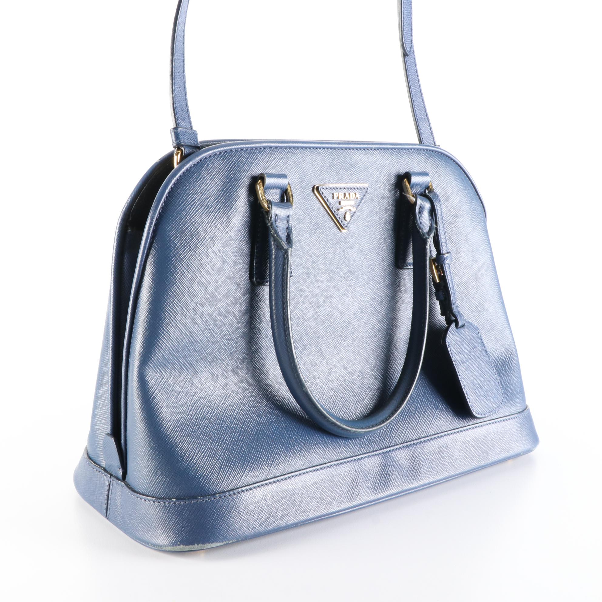 Prada Dome Bag in Bluette Saffiano Leather with Crossbody Strap