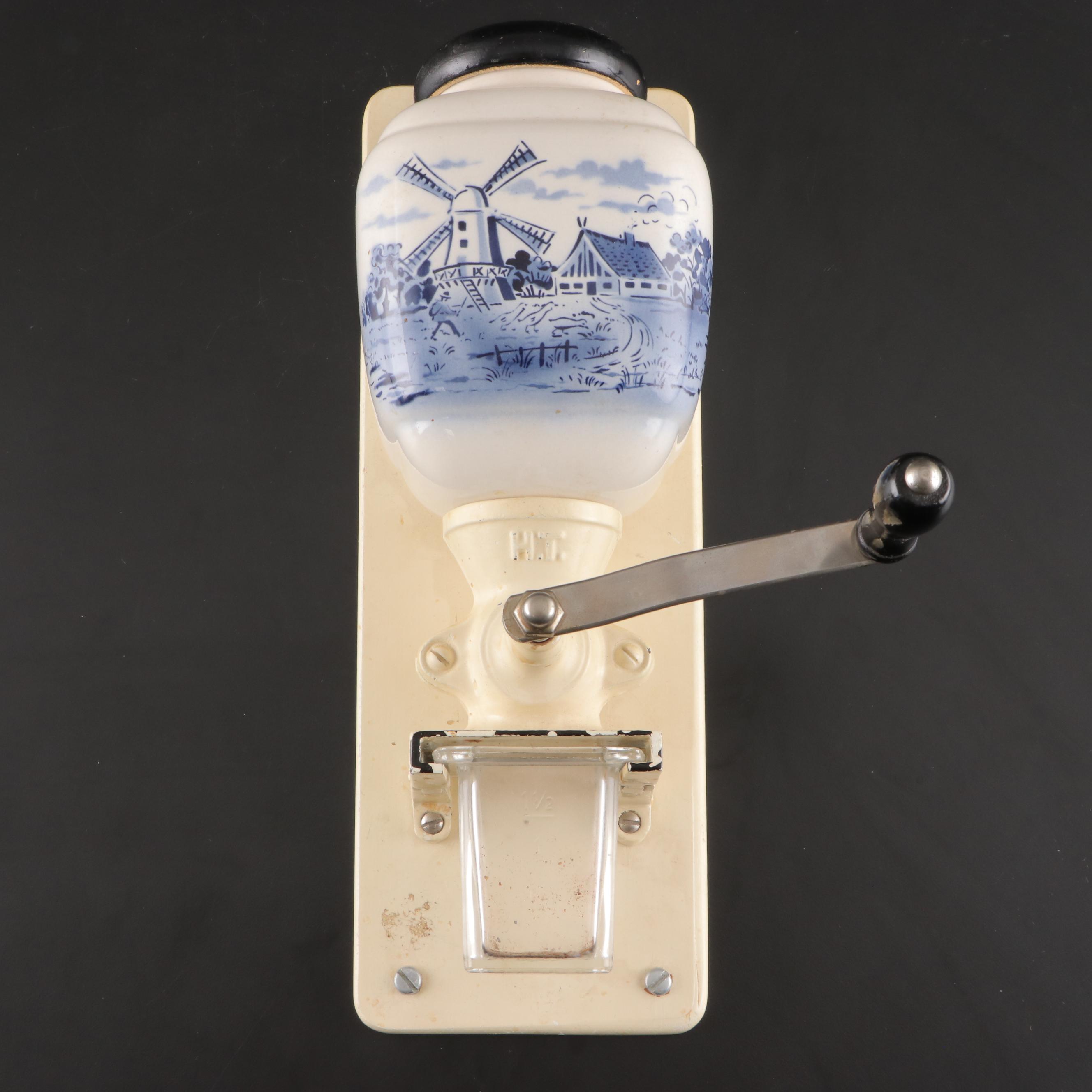 Armin Trosser Delft Style Wall Mount Ceramic Coffee Grinder, Mid-20th Century
