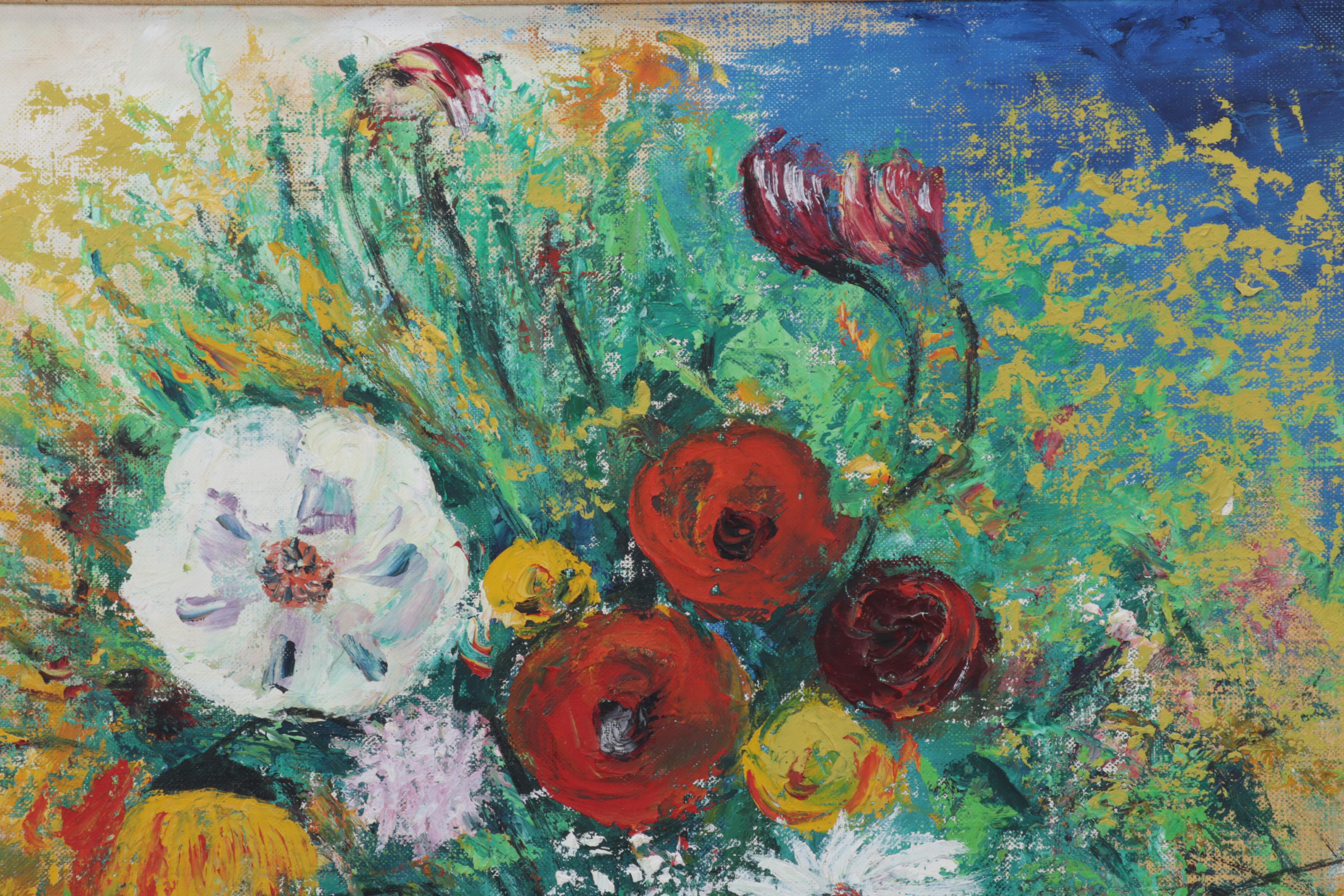 Still Life Oil Painting of Flowers in White Vase, Late 20th Century