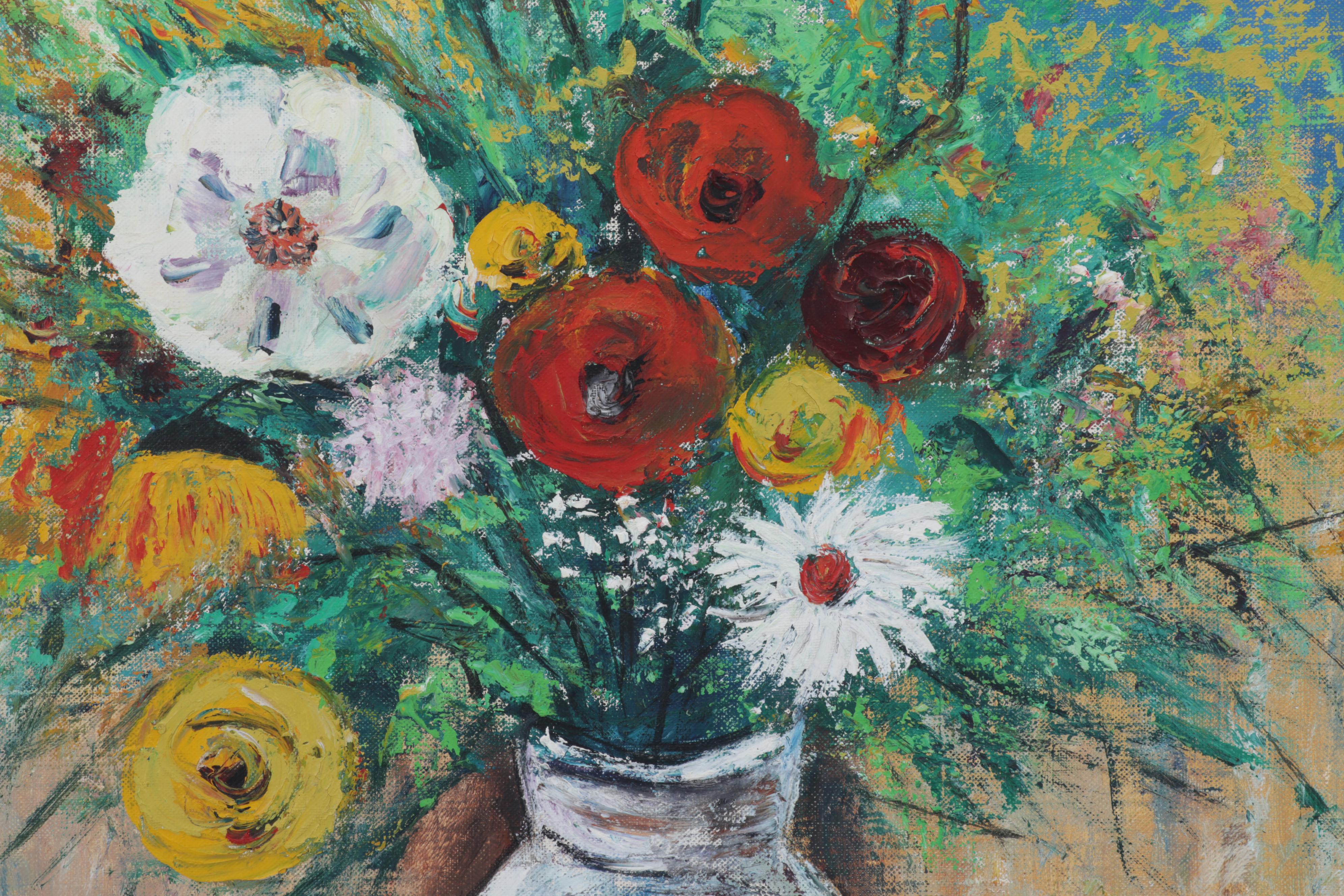 Still Life Oil Painting of Flowers in White Vase, Late 20th Century