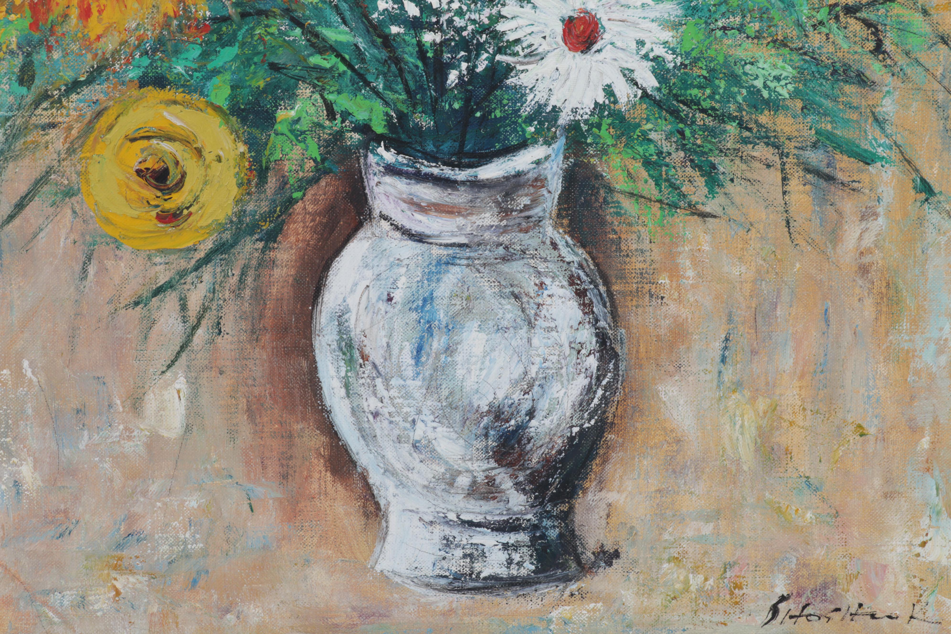 Still Life Oil Painting of Flowers in White Vase, Late 20th Century