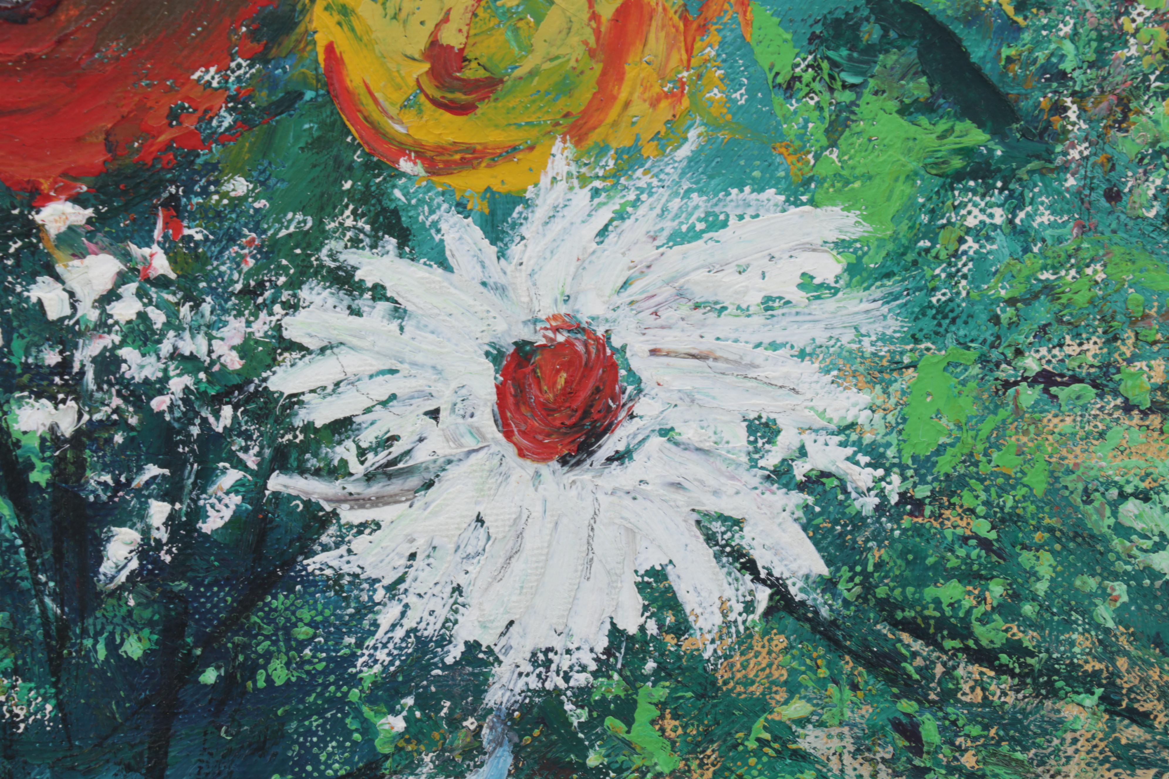 Still Life Oil Painting of Flowers in White Vase, Late 20th Century