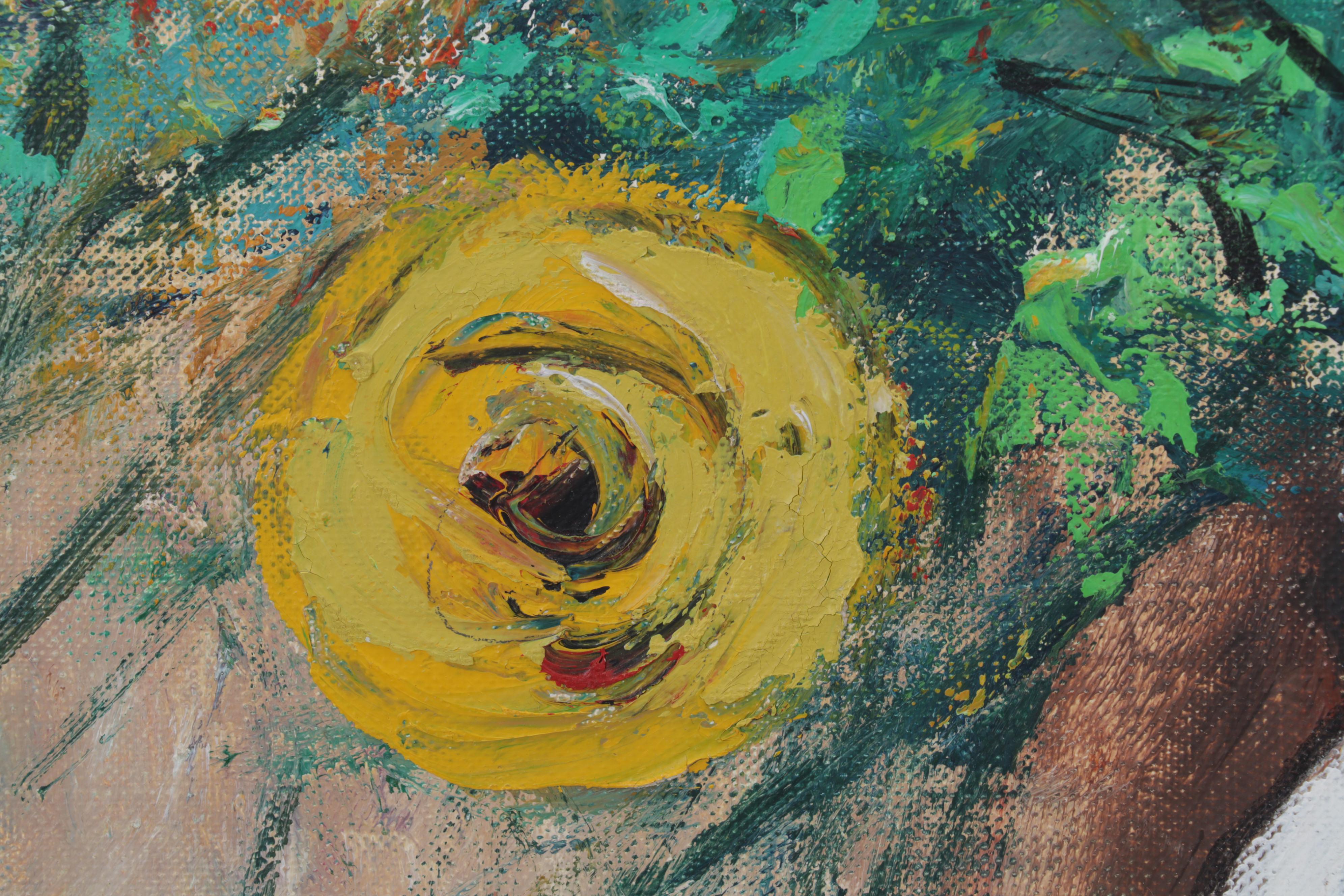 Still Life Oil Painting of Flowers in White Vase, Late 20th Century